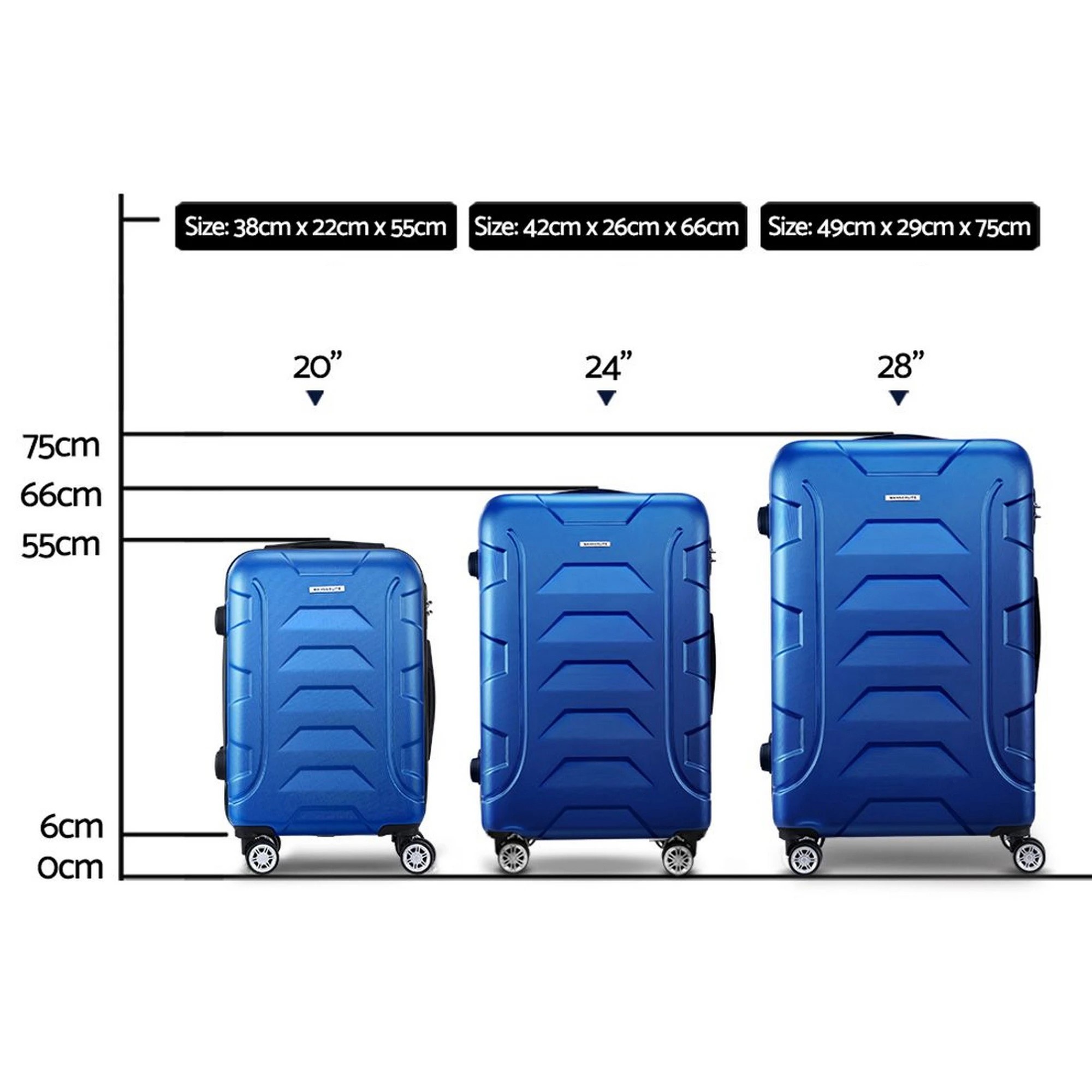 3 Wanderlite 3pc Luggage Trolley Travel Suitcase Set TSA Hard Shell Case Strap - Blue, 3 of 8