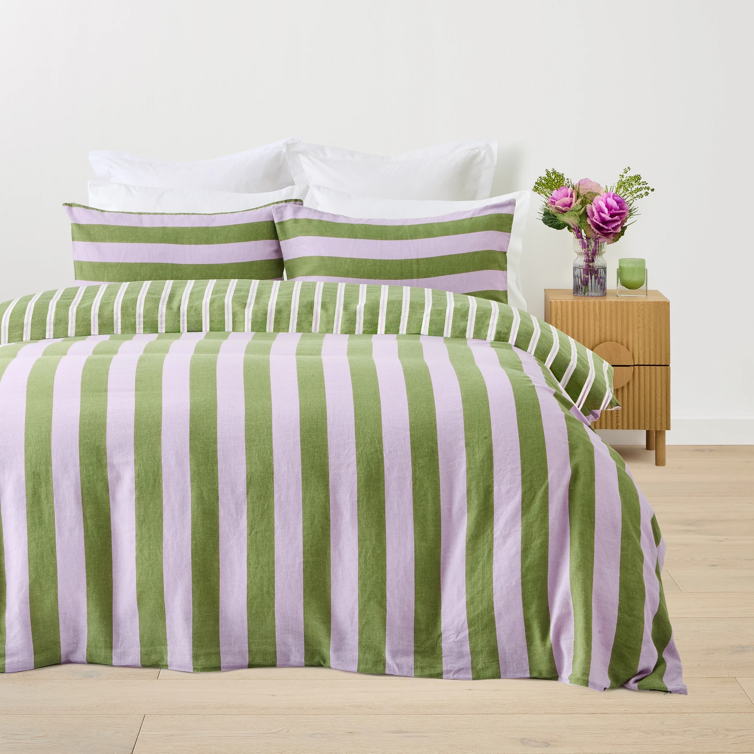 1 Stripe Linen Cotton Quilt Cover Set - Queen Bed, Lilac and Green, 1 of 8