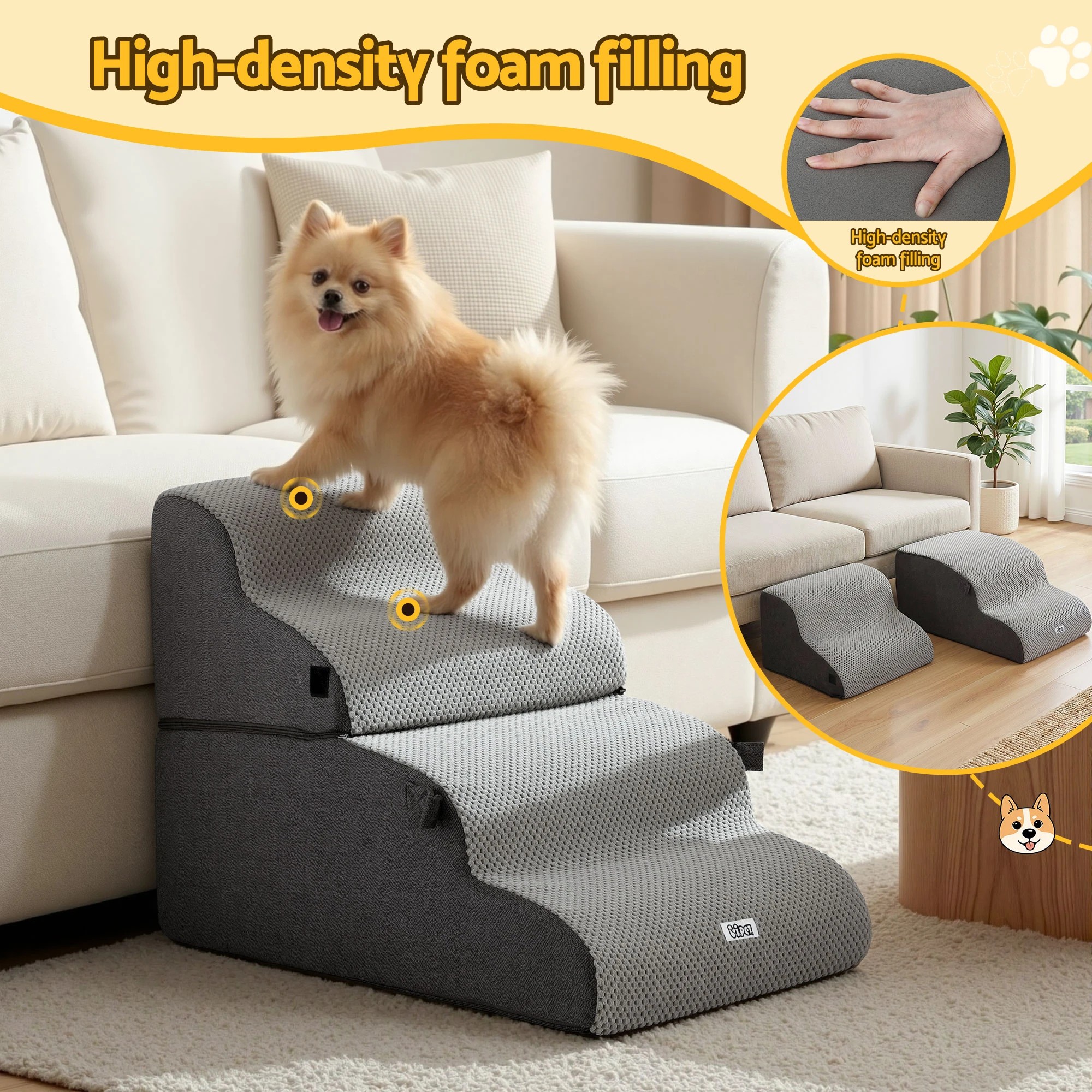3 i.Pet Dog Stairs and Bed 2-in-1 Sofa Car Foam Non-Slip Washable Pet Stairs - Grey, 3 of 6