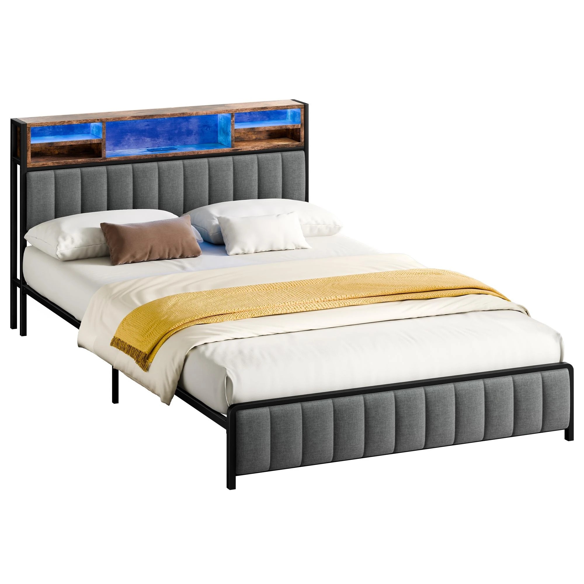 1 Alfordson Bed Frame Queen LED Charging Station Linen - Grey, 1 of 10