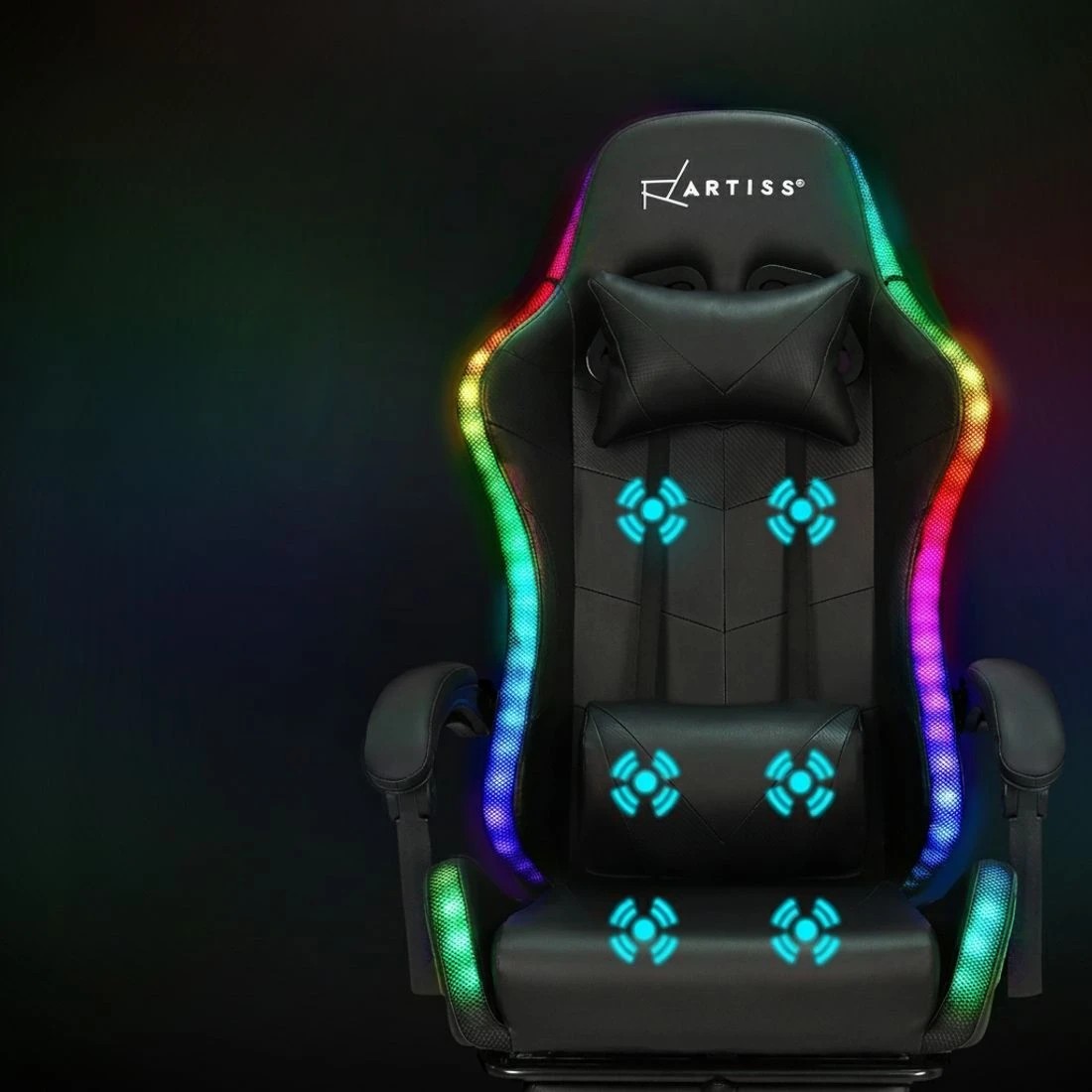 3 Artiss 6 Point Massage Gaming Office Chair 7 LED Footrest - Black, 3 of 5