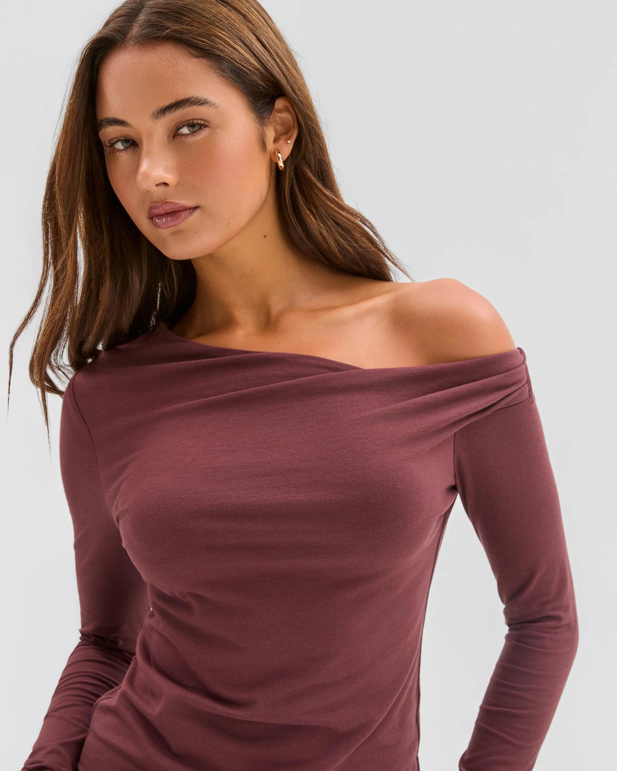 5 Lily Loves Australian Cotton Off Shoulder Long Sleeve Top BURGUNDY, 5 of 7