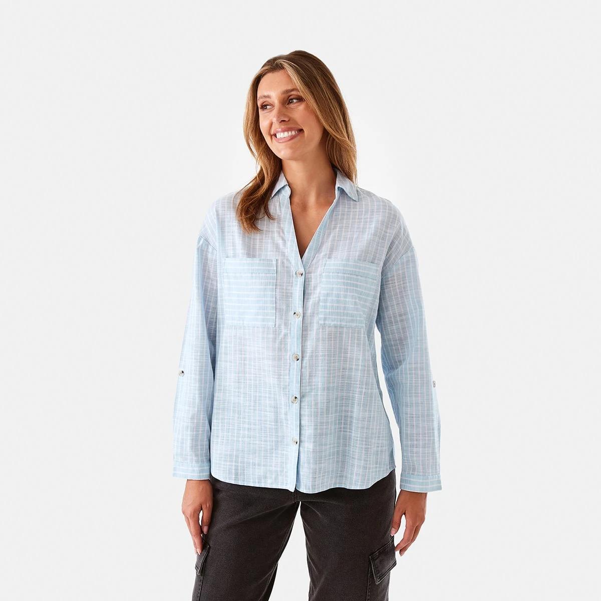 2 Rolled Sleeve Cotton Slub Shirt Bl/wh Strp, 2 of 9