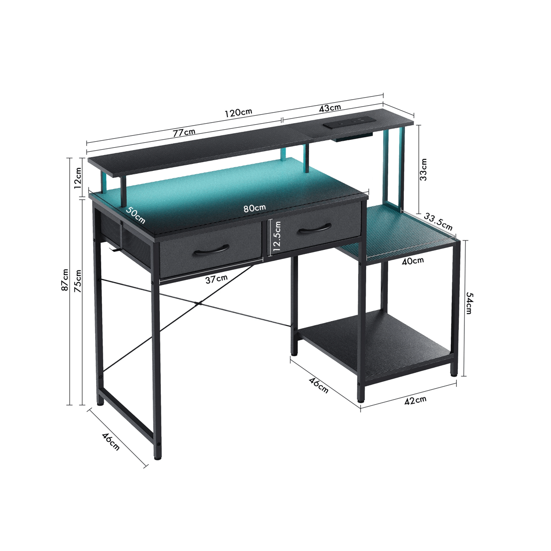 2 Advwin 120cm Computer Gaming Desk With Led Lights Power Outlets Reversible Printer Storage Shelf Black, 2 of 10