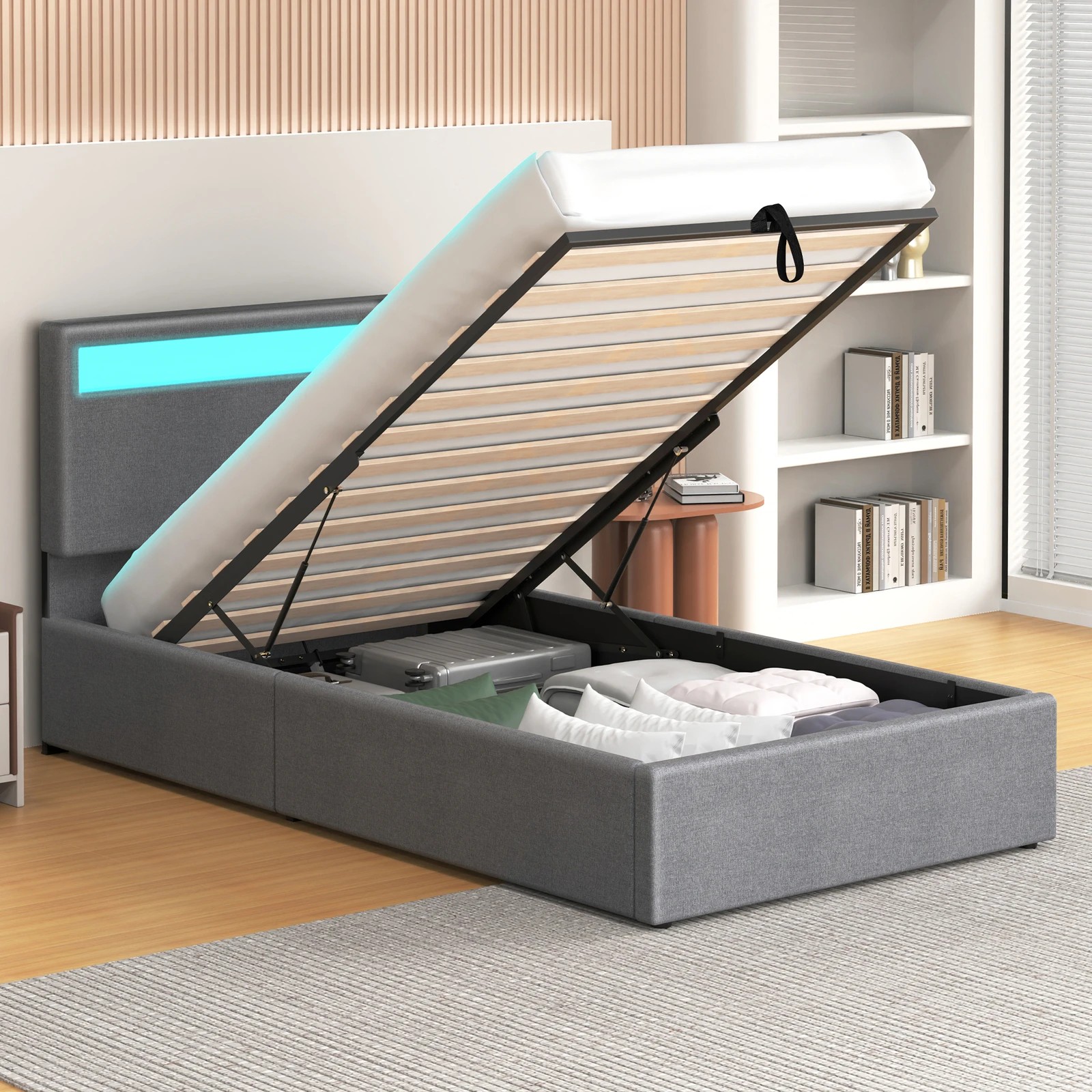 4 Alfordson Bed Frame Single Size RGB LED Gas Lift Storage Base Luchino - Grey, 4 of 10