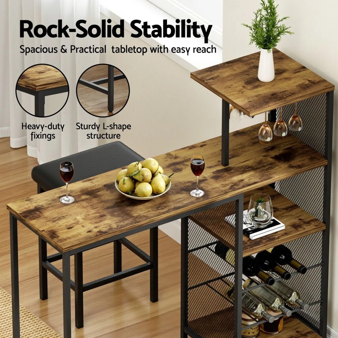 6 Artiss Industrial Bar Table Wine Rack Cup Holders Durable Storage Steel Metal Frame 122cm Compact Hub - brown, 6 of 8