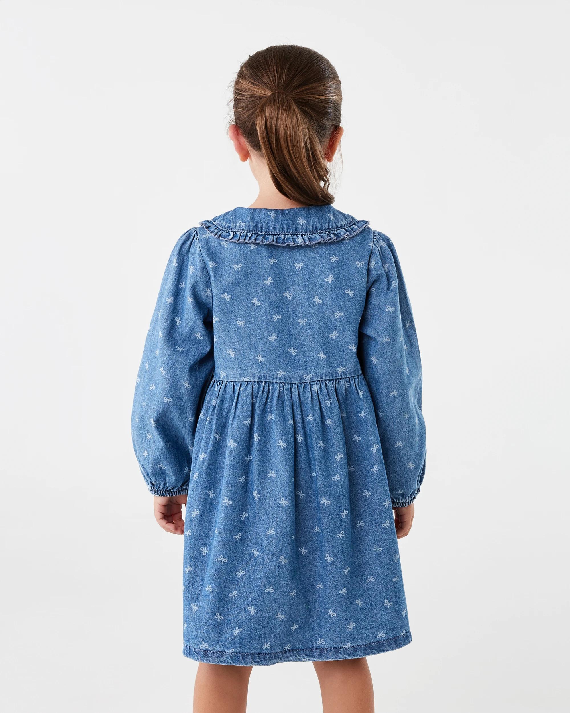 2 Long Sleeve Denim Collard Dress Blu Bow, 2 of 8