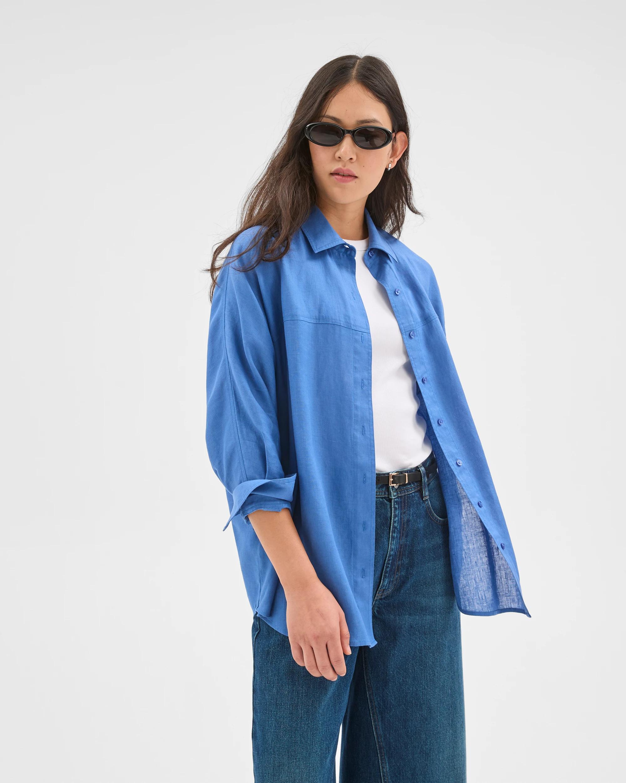 2 Target Woman European Linen Long Sleeve Shirt LAPIS BLUE, 2 of 5