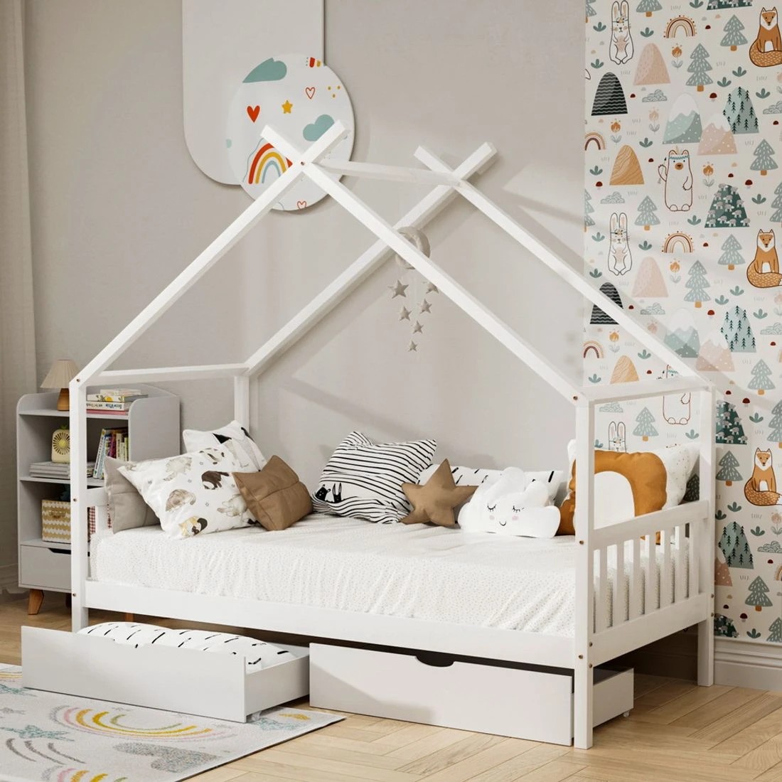 3 Artiss Bed Frame Wooden Base Kids Single Timber House  with 2 Storage Drawers - White, 3 of 5