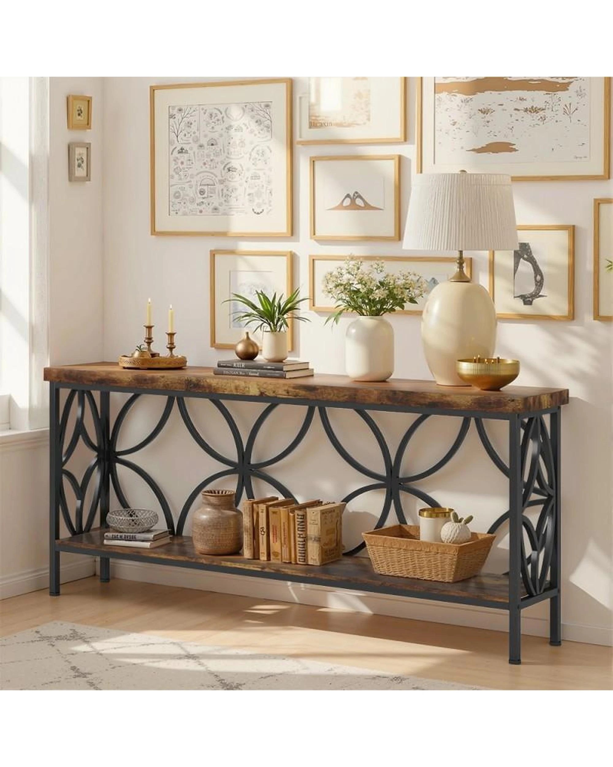 3 OAKORY 180cm Retro Console Table, Hallway Table with Rustic Brown Shelves & Black Metal Frame, 3 of 8