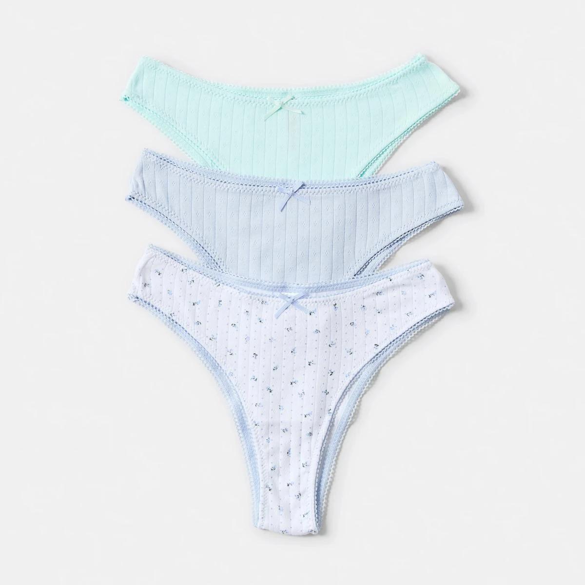 1 3 Pack Pointelle Cheeky Bikini Briefs Floral Dot, Halogen Blue, Bay Breeze, 1 of 9