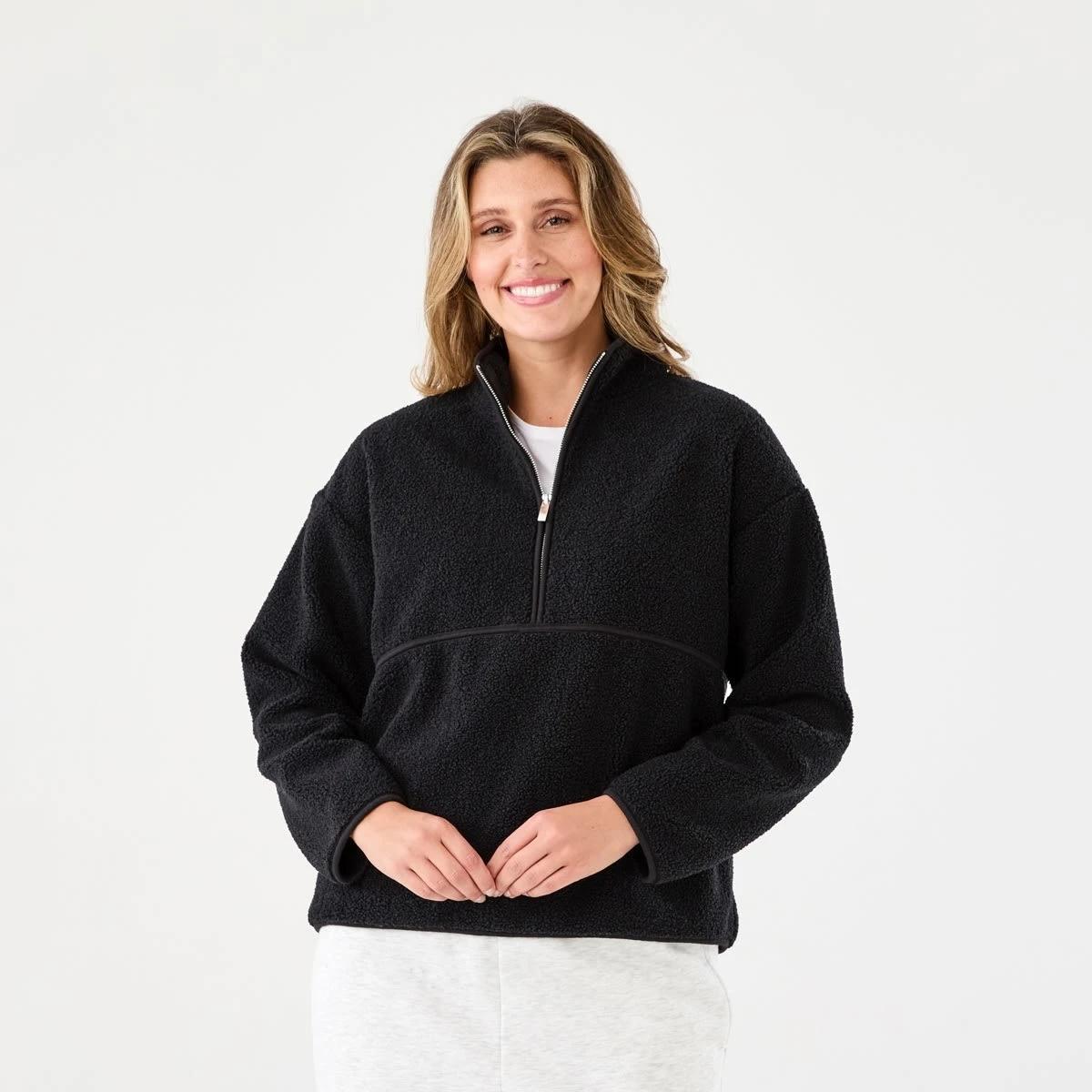 1 Long Sleeve Quarter Zip Through Boucle Sweatshirt Black, 1 of 6