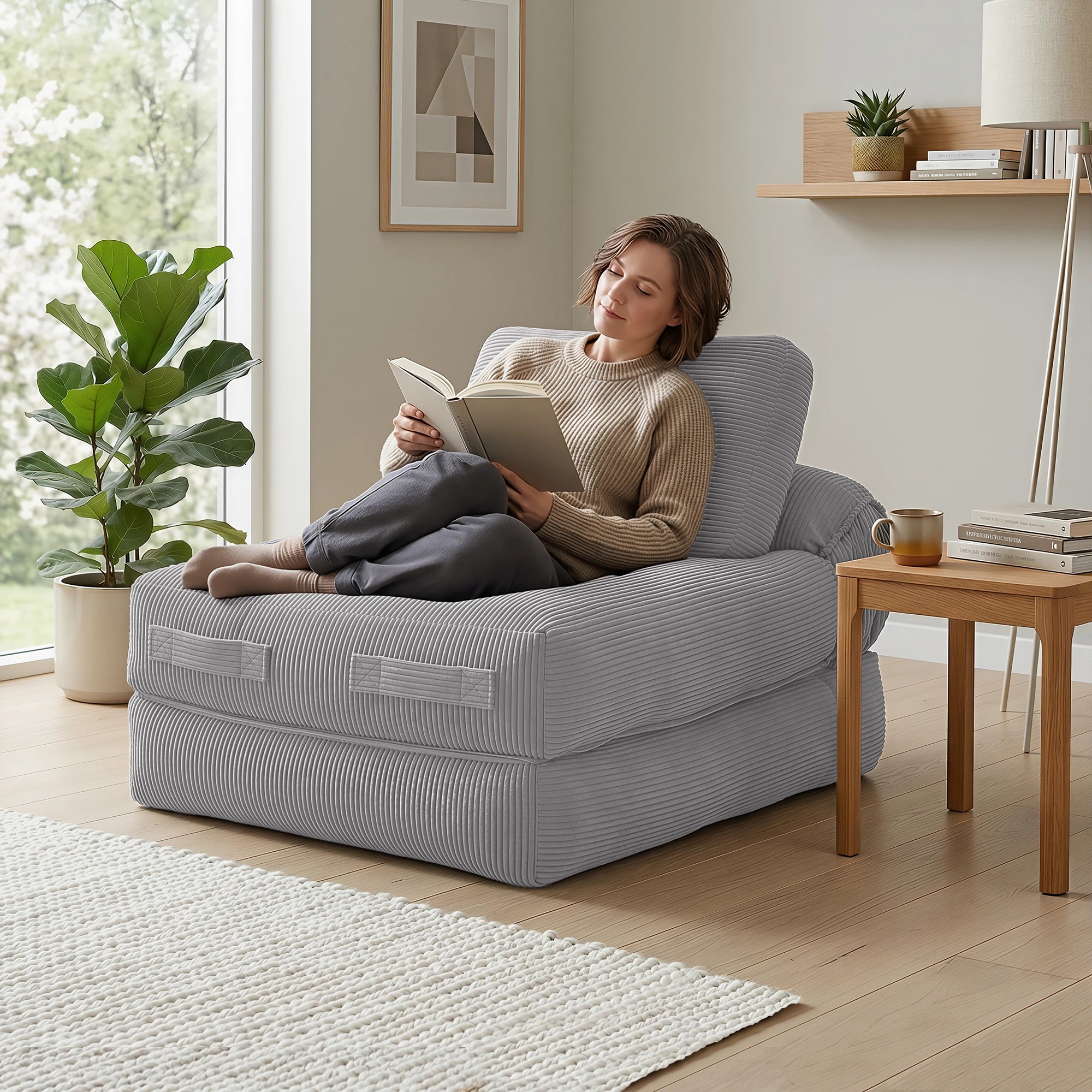 5 Artiss 1 Seater Corduroy Convertible Sofa Bed Pull Out Boneless Couch - Grey, 5 of 9
