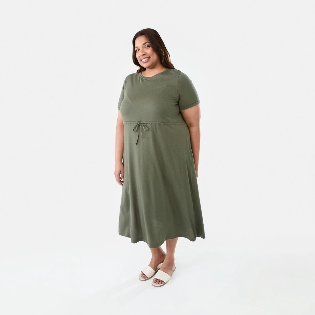 2 Curve Short Sleeve Waist Tie Midi Dress Grn Olive, 2 of 7