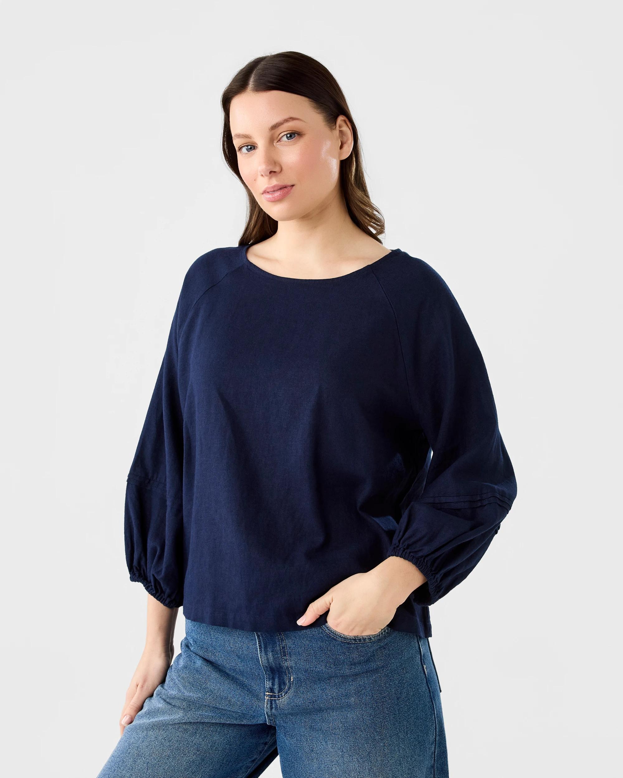 2 Long Sleeve Linen Blend Top Night Nvy, 2 of 6