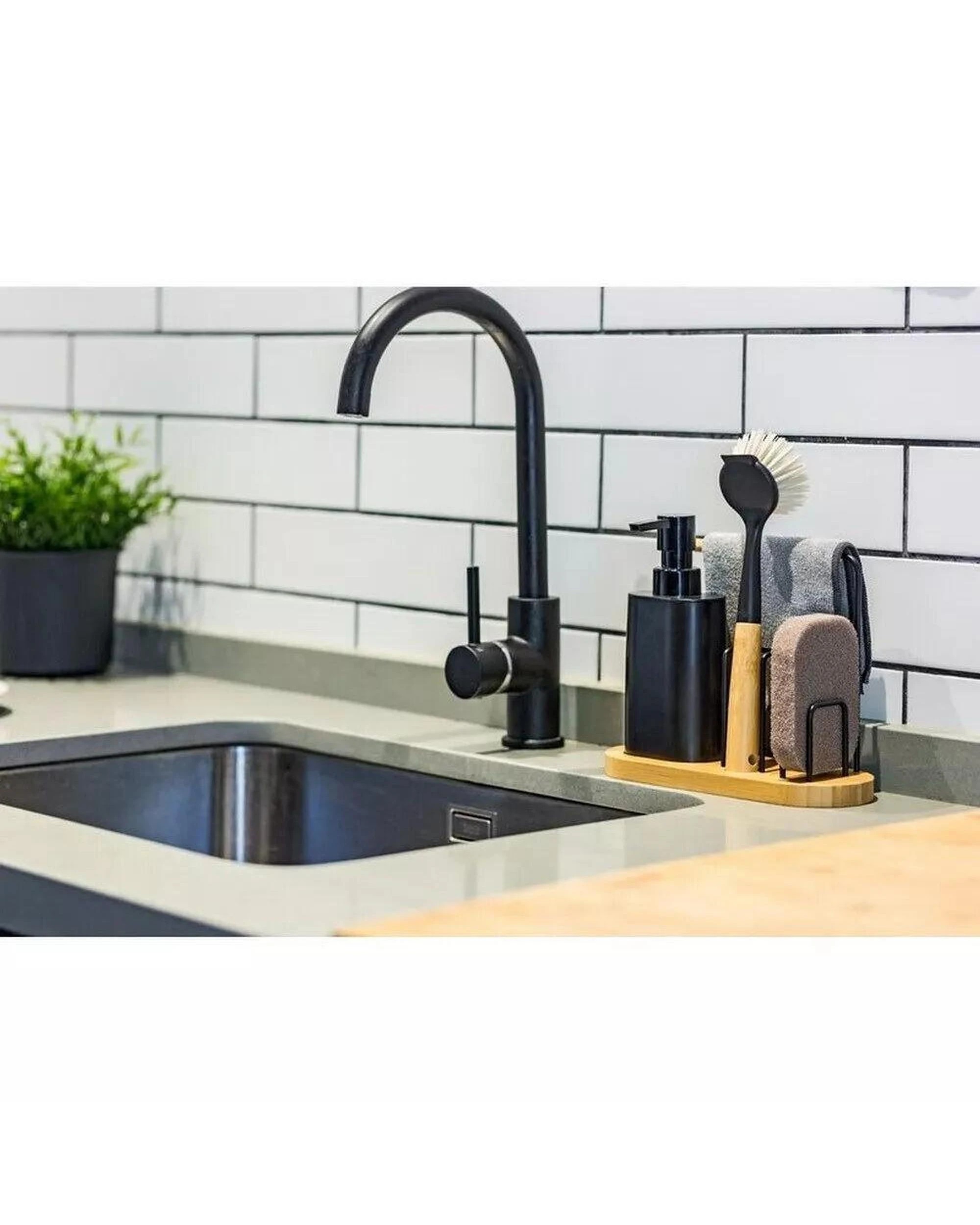 6 Vigar Vintage Bamboo 4 Piece Set  Sink Caddy Dish Brush Dispenser Black, 6 of 7