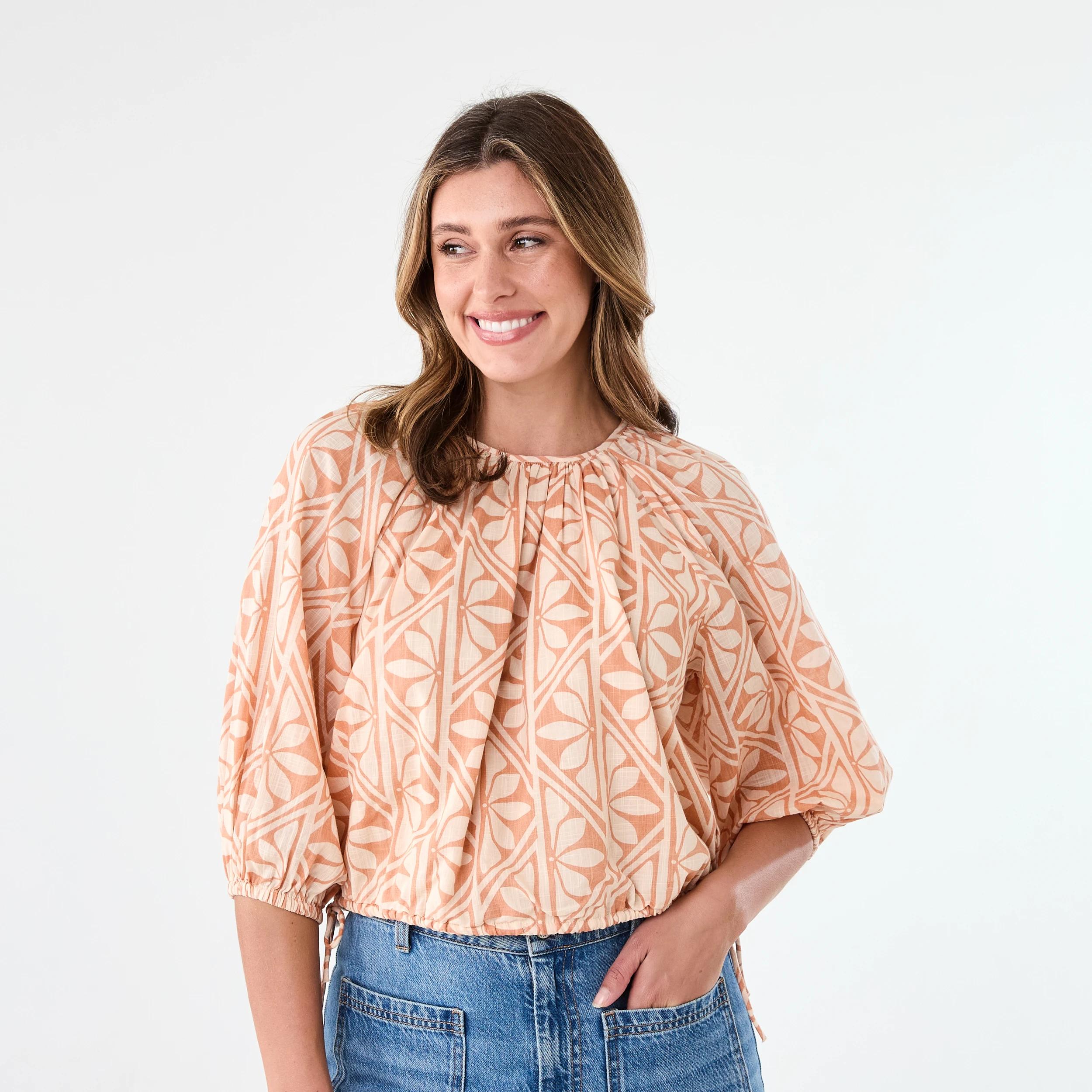 1 Long Sleeve Waist Tie Raglan Top Flrl Tile, 1 of 6