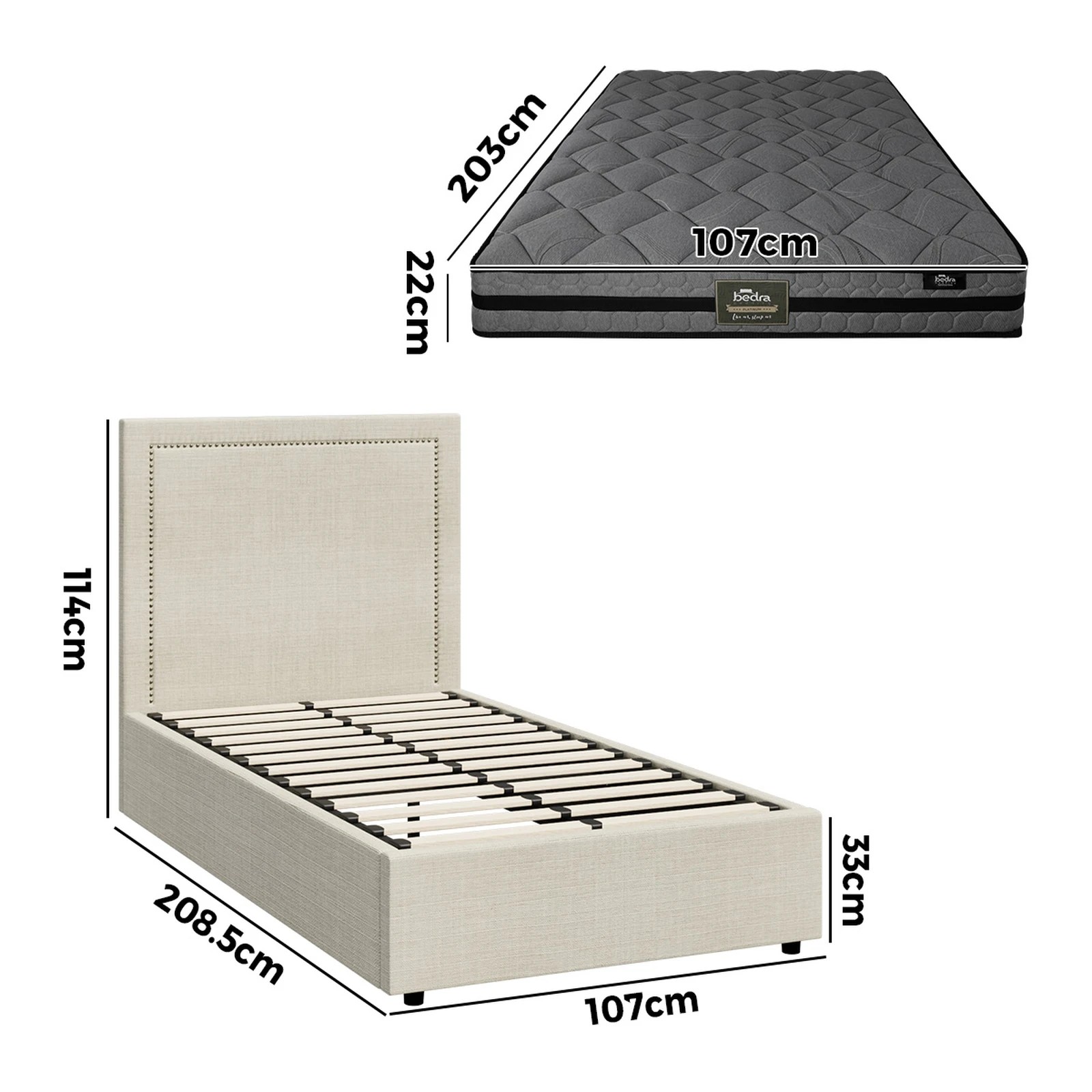 2 Oikiture Bed Frame King Single Size Gas Lift Storage Beds With Mattress Set ADI - Beige, 2 of 8