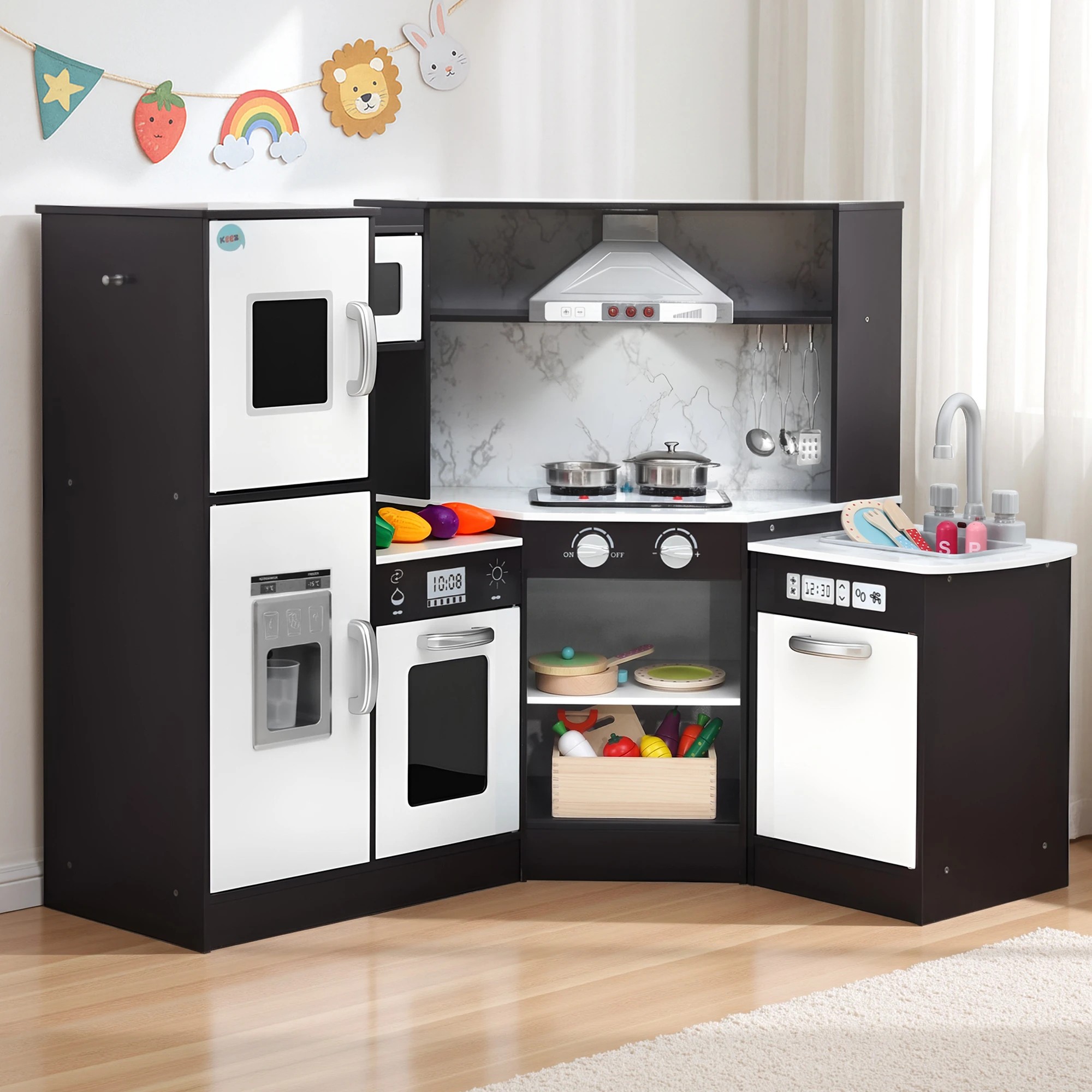 3 Keezi Kids Wooden Kitchen Playset 29pc Food Set Black White - Multi, 3 of 8