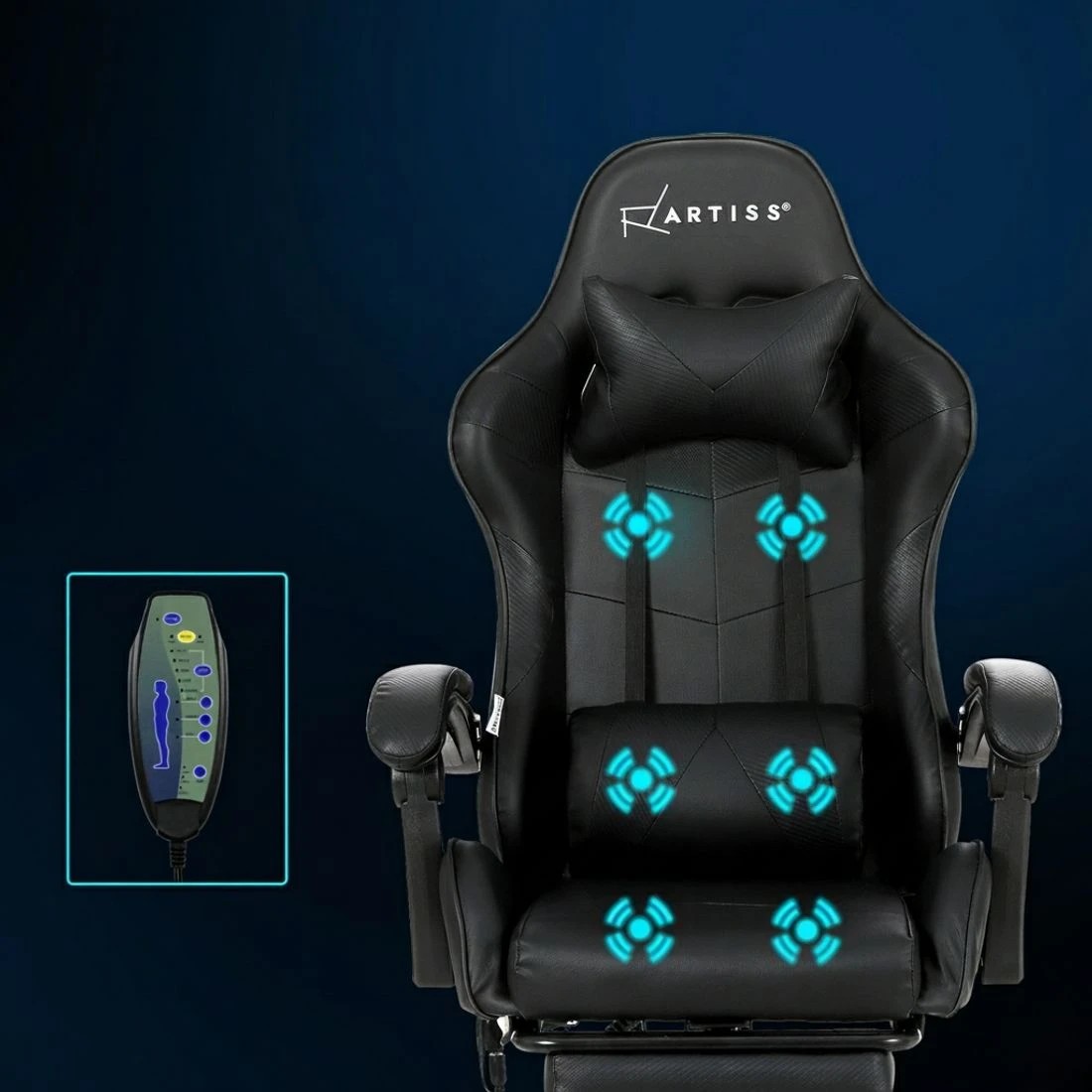 3 Artiss 6 Point Massage Gaming Office Chair Footrest - Black, 3 of 5