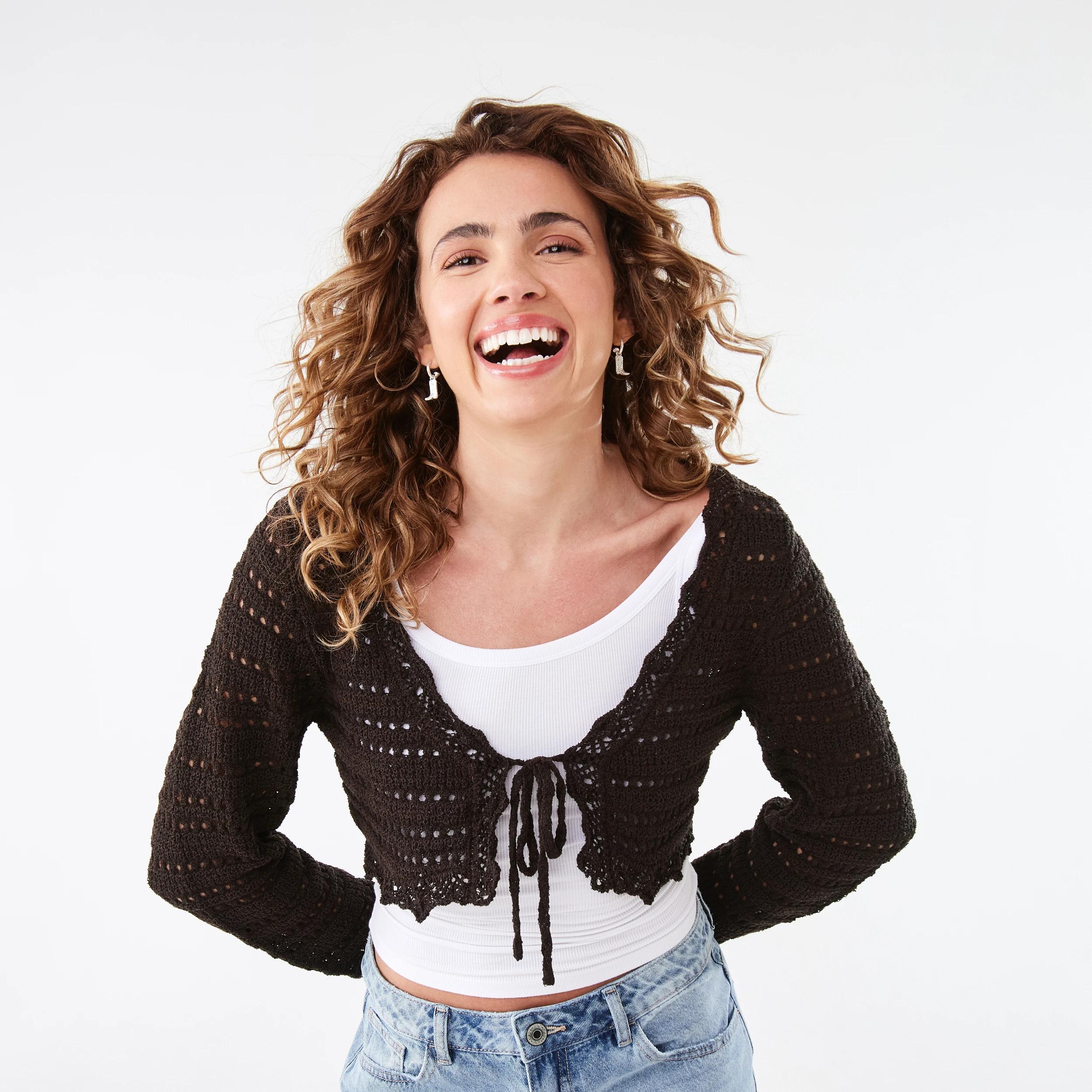 1 Long Sleeve Cropped Tie Cardigan Melt Brown, 1 of 8