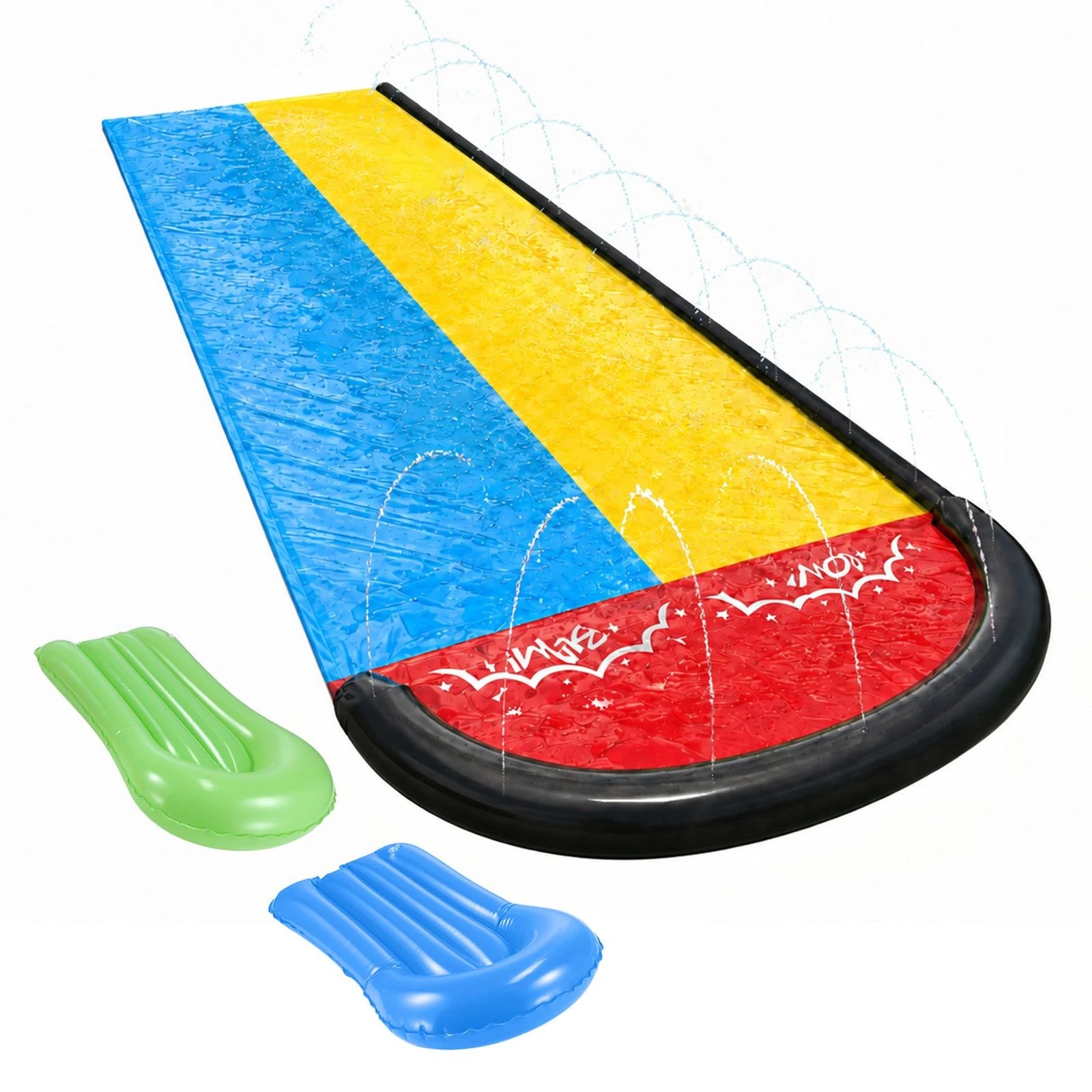1 Ausway 480cm Dual-Lane Water Slide with 2 Inflatable Body Boards and Built-In Sprinklers for Outdoor Play, 1 of 6