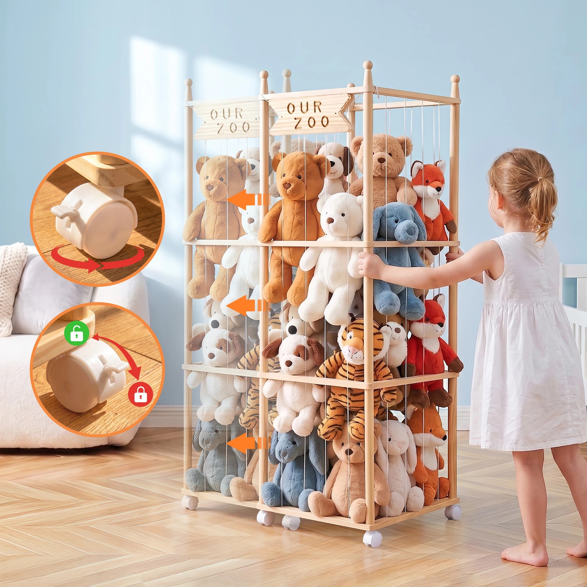 6 Keezi Stuffed Animal Toy Storage & Organizers Wooden Zoo Cage with Wheels Elastic Cords - Natural, 6 of 10