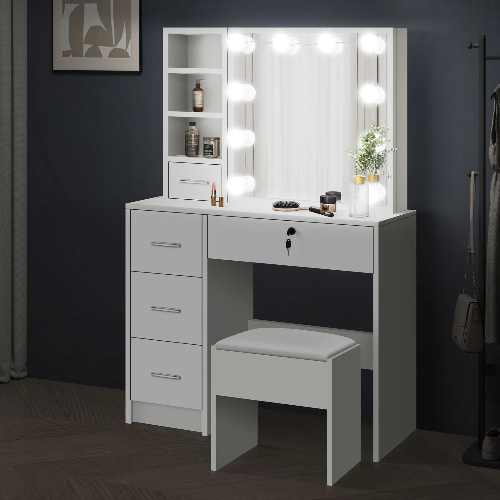 4 Alfordson Dressing Table Stool Set Makeup Vanity Desk LED 10 Bulbs - White, 4 of 10