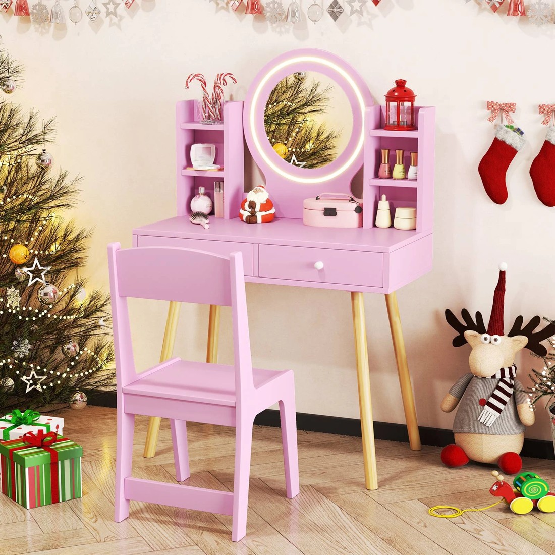 2 Costway Kids Vanity Dressing Table & Chair Set Pink, 2 of 4