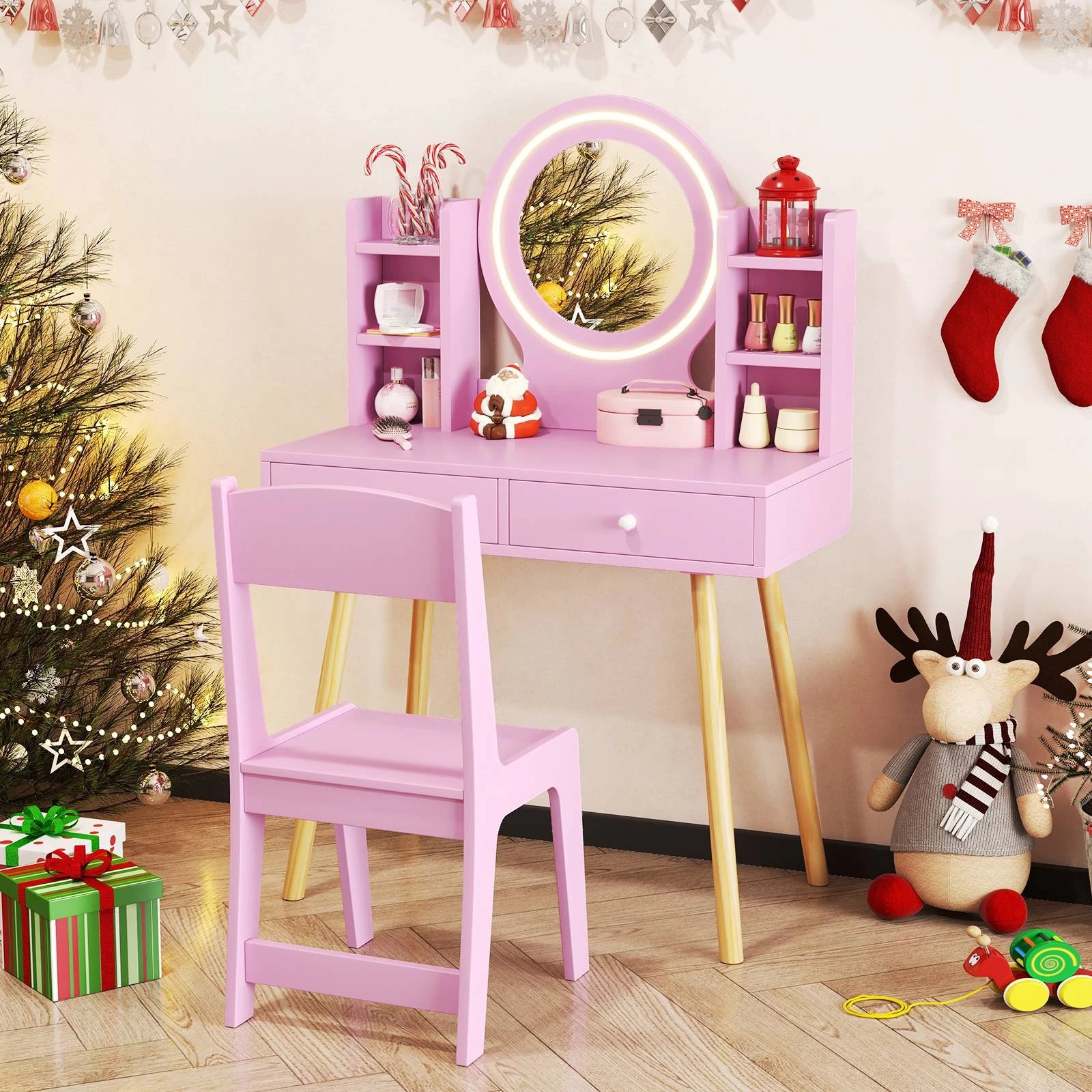 2 Costway Kids Vanity Dressing Table & Chair Set Pink, 2 of 4