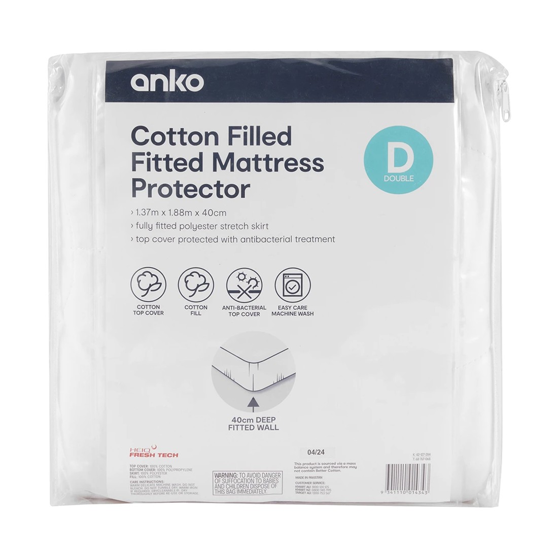 1 Cotton Filled Fitted Mattress Protector - Double Bed, White, 1 of 4