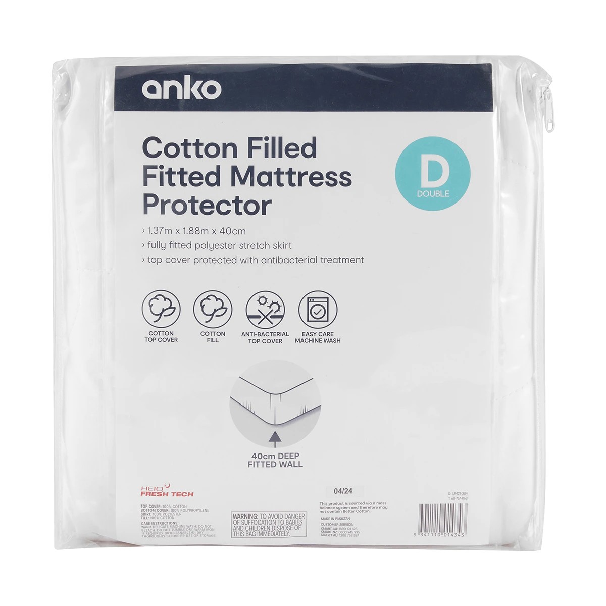 1 Cotton Filled Fitted Mattress Protector - Double Bed, White, 1 of 4