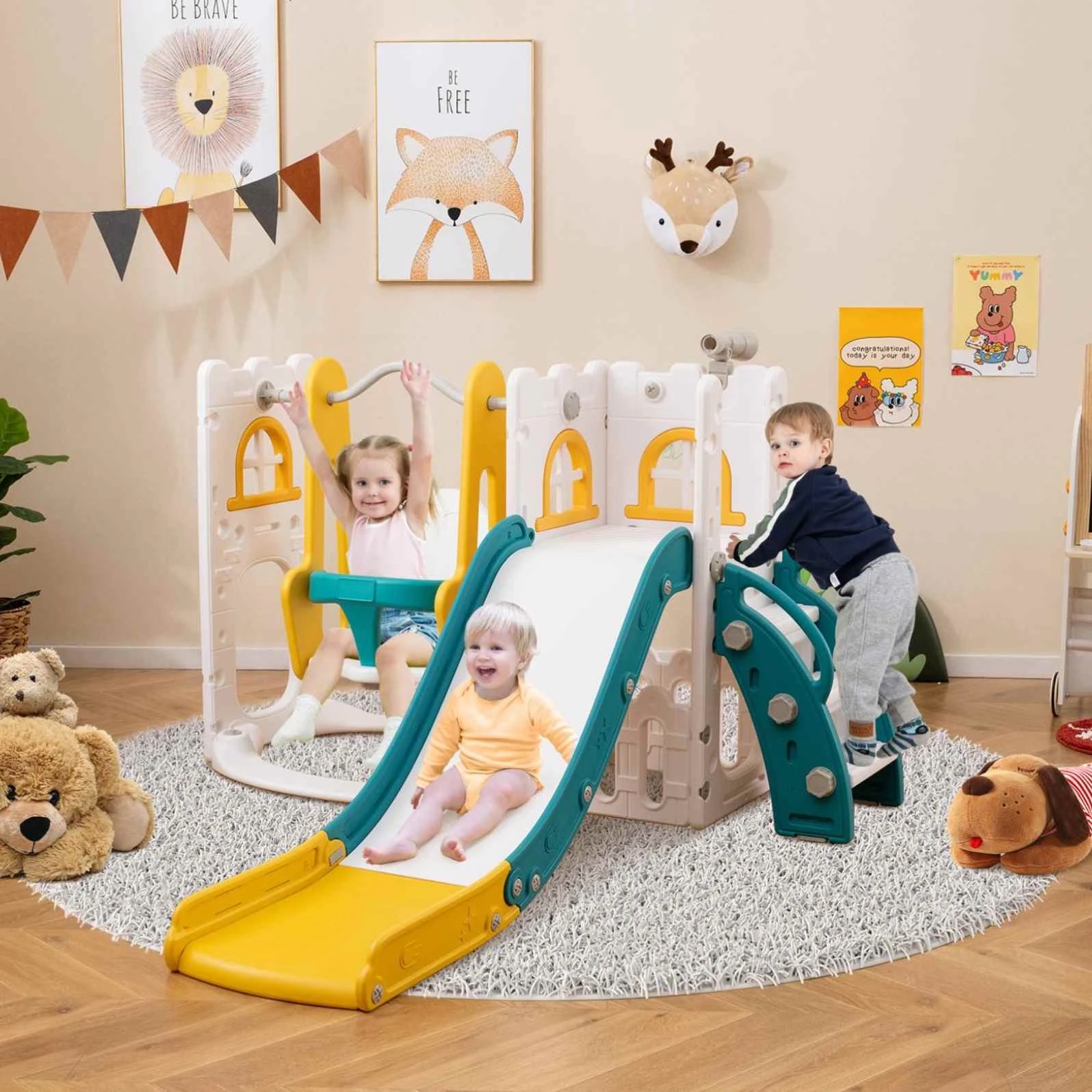 2 Costway 7-in-1 Kids Swing & Slide Set w/Water Sand Filled Base - Yellow, 2 of 3