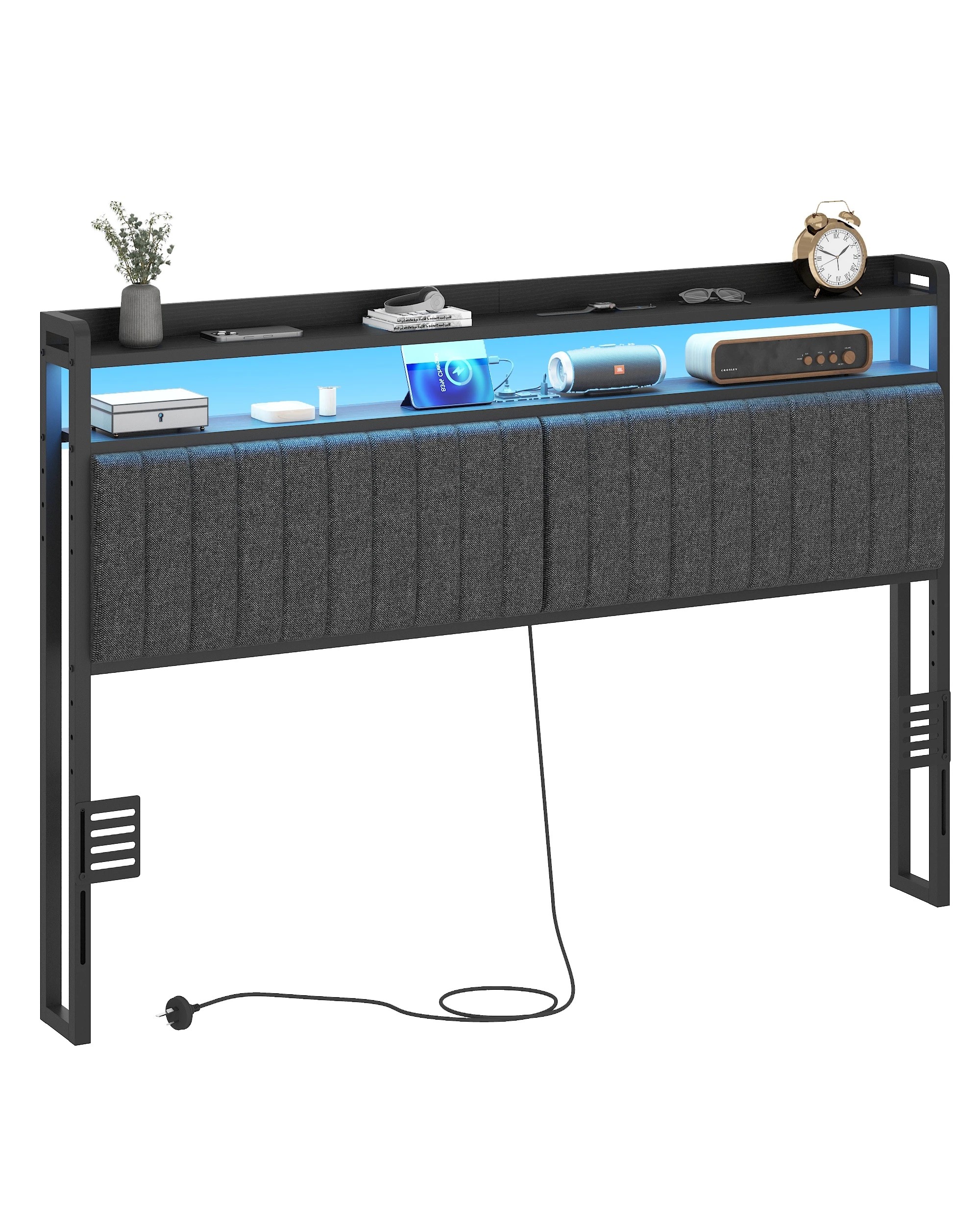 5 Advwin Double Size Storage Headboard Upholstered with LED Light Charging Station Height Adjustable - Black, 5 of 7