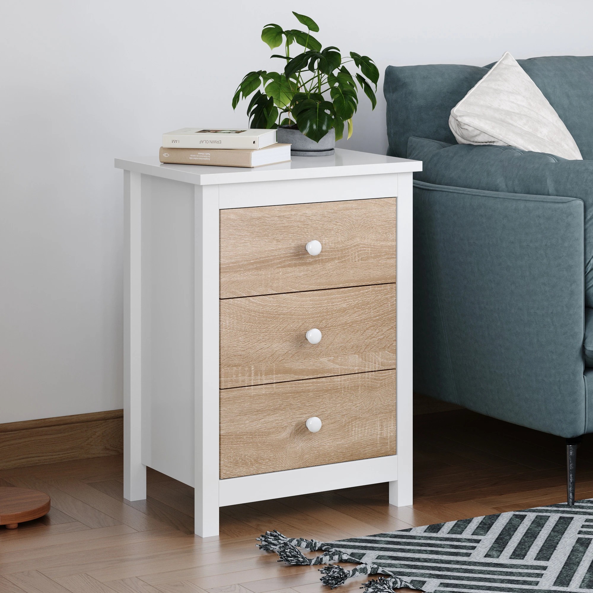 8 Alfordson Bedside Table Hamptons Nightstand Storage Side End 3 Drawers Oak, 8 of 10