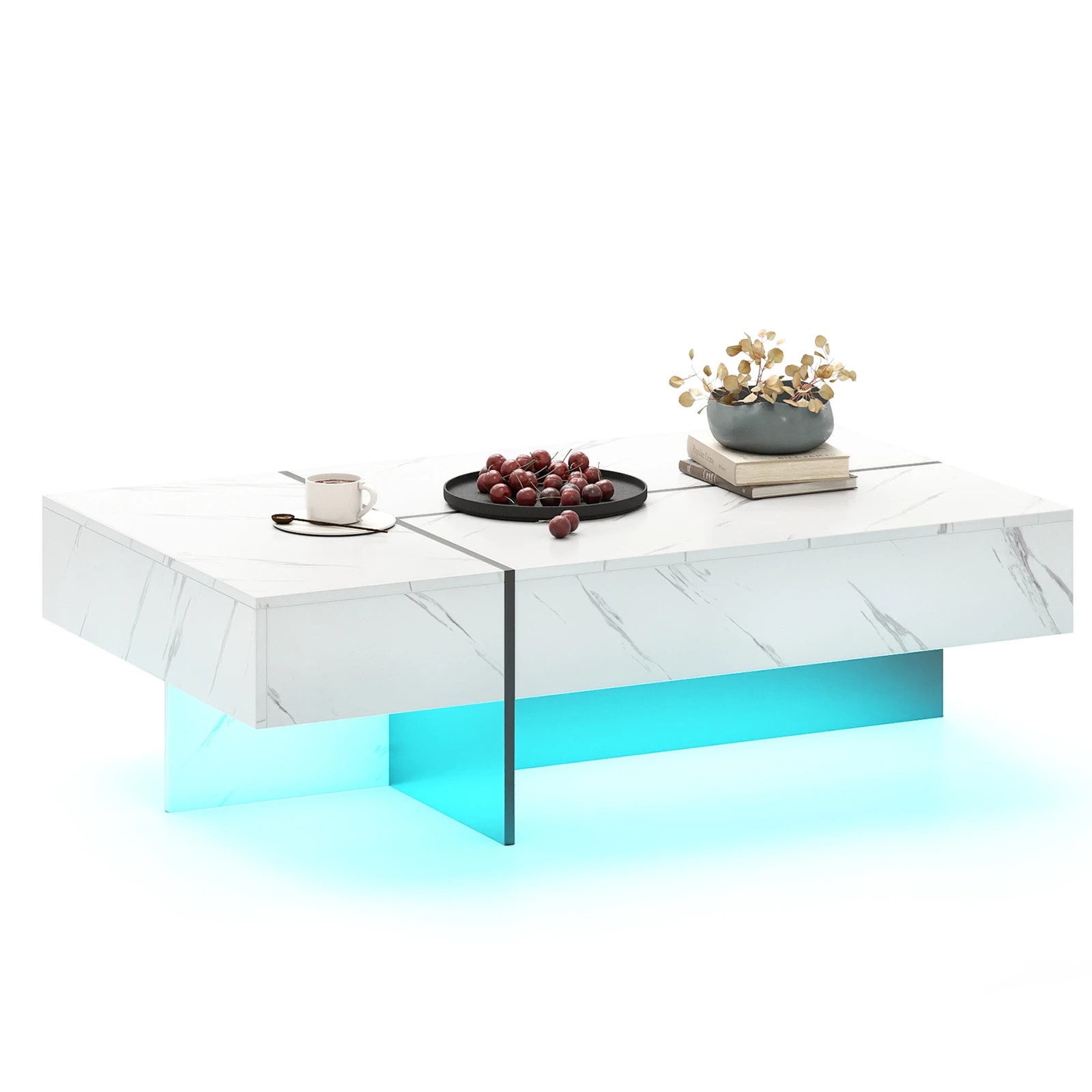 6 Costway Modern Coffee Table w/LED High-Gloss Accent Center Table Faux Marble - White, 6 of 6