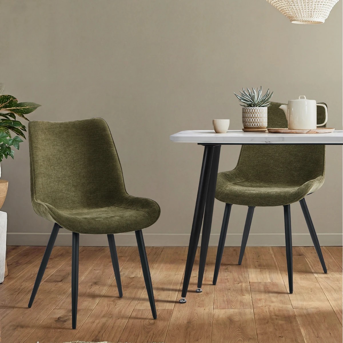 4 Oikiture 4x Dining Chairs Kitchen Accent Chairs Upholstered Linen Fabric- Green, 4 of 10