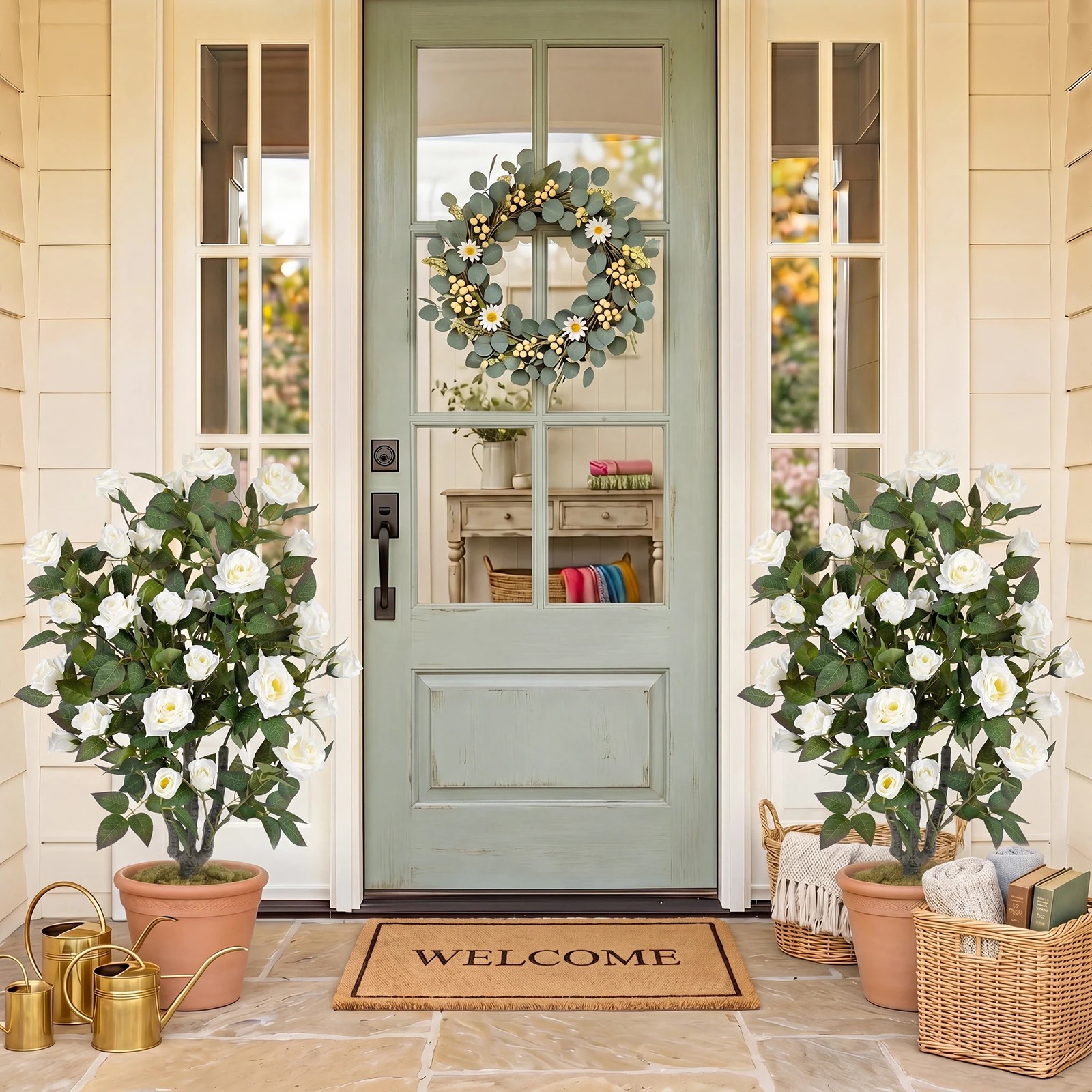 3 Costway 90cm Artificial Rose Tree Faux Greenery Potted Plant 2 Pack - White, 3 of 4