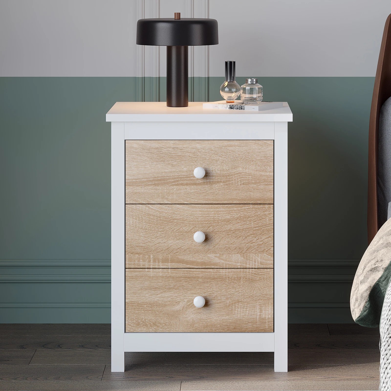 4 Alfordson 2x Bedside Table Hamptons Nightstand 3 Drawers - Oak, 4 of 10