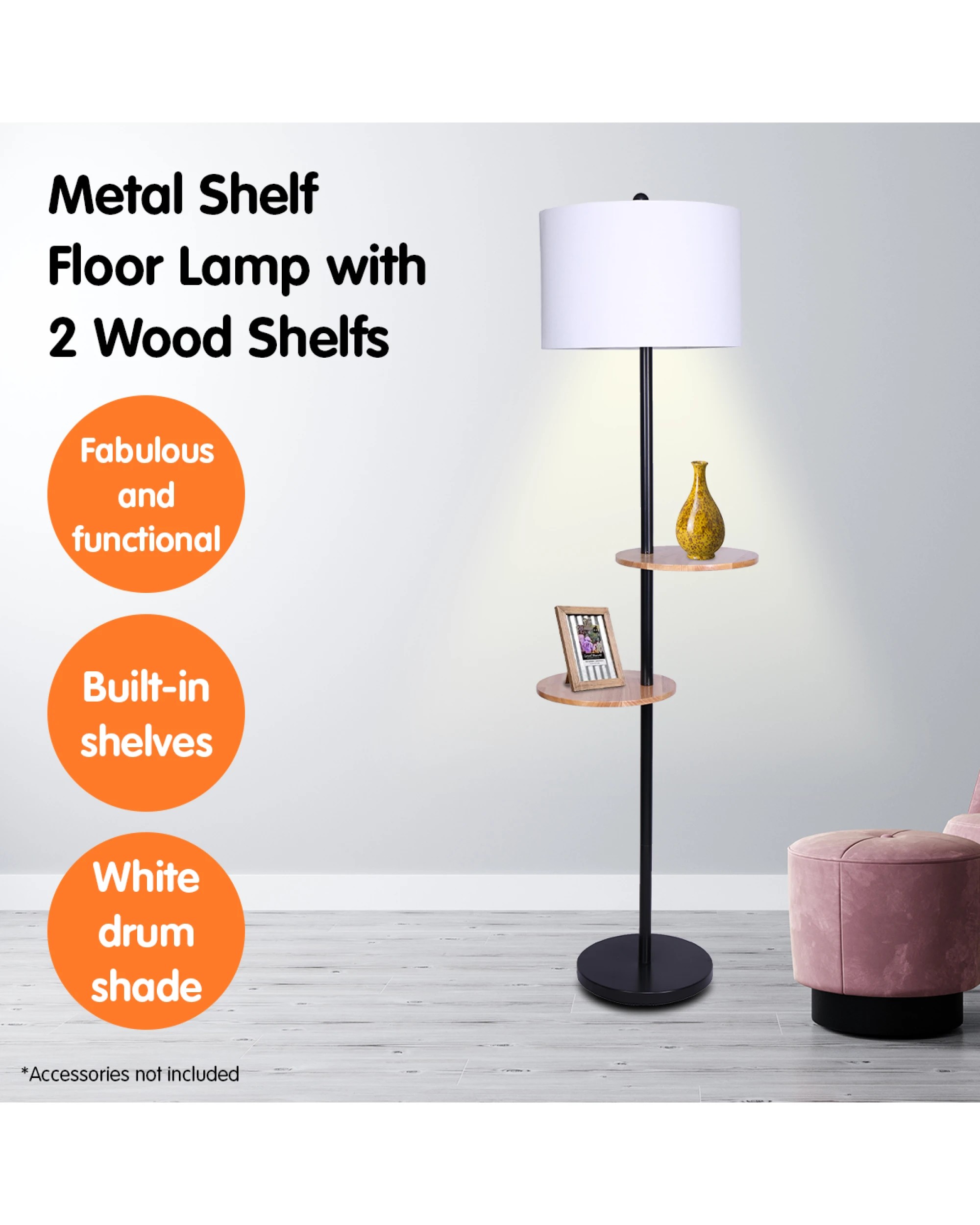 6 Sarantino Metal Floor Lamp Shade With Black Post In Round Wood Shelves, 6 of 6