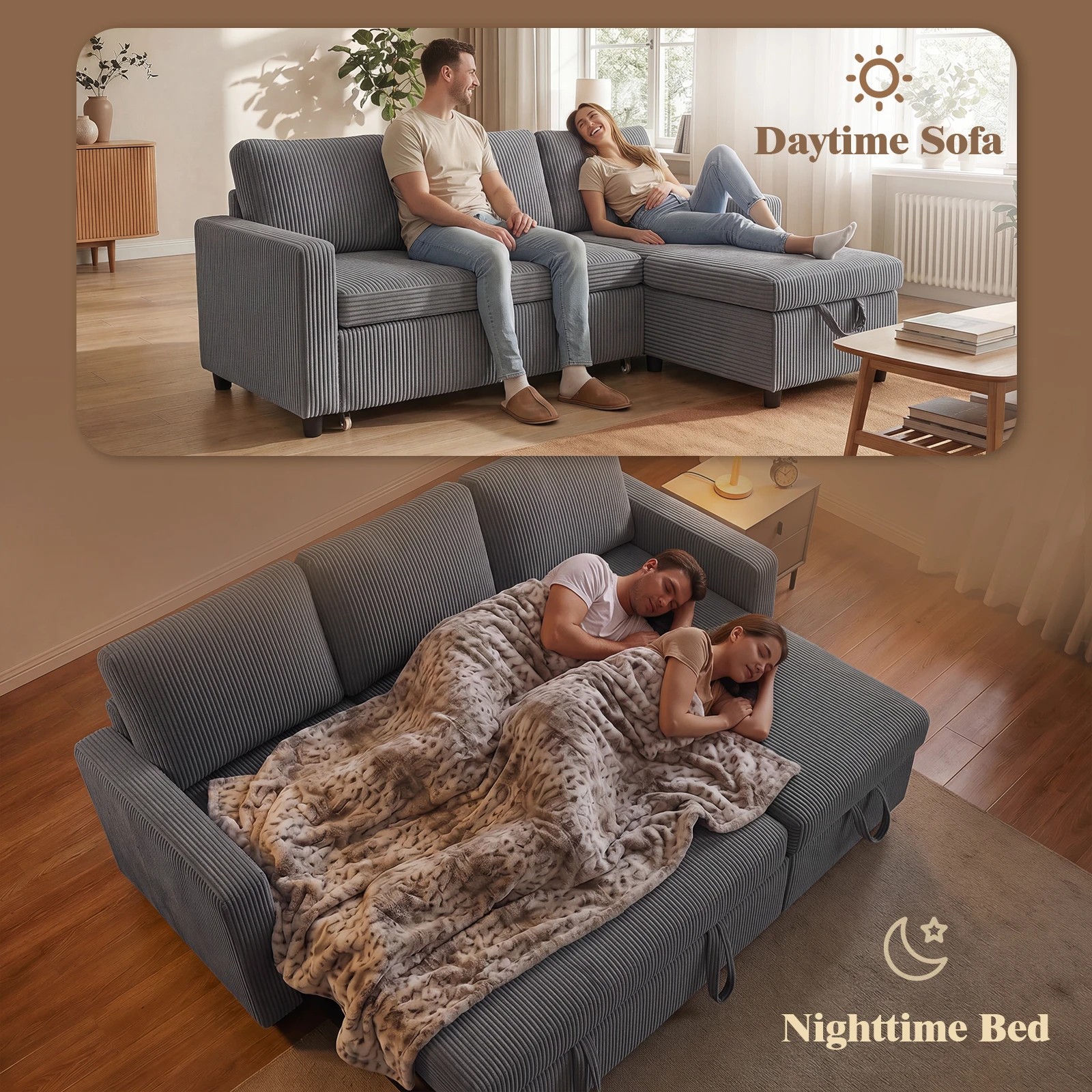 7 Advwin Sectional Sofa Couch with Pull Out Bed, L Shaped Reversible Corduroy Sleeper Sofa Bed with Storage Chaise - Grey, 7 of 7