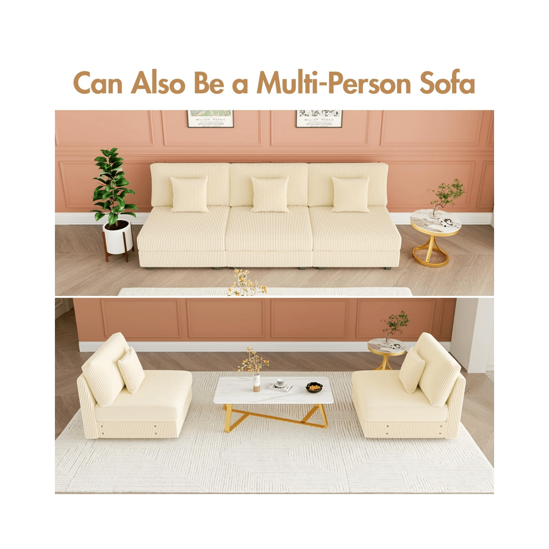 8 Advwin Armless Chair Corduroy Single Sofa Lounge Upholstered Couch W/ Cushion Beige, 8 of 8