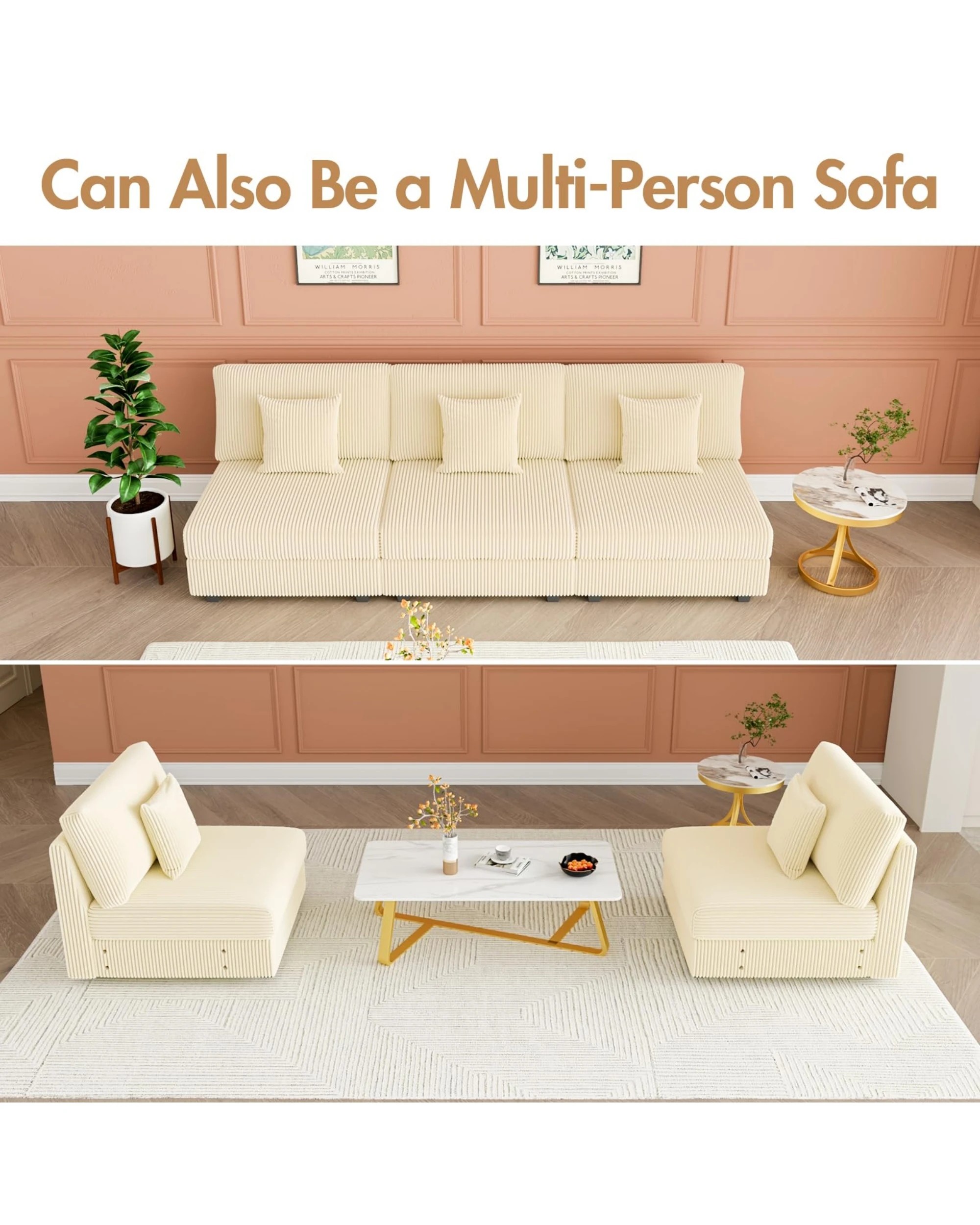 8 Advwin Armless Chair Corduroy Single Sofa Lounge Upholstered Couch W/ Cushion Beige, 8 of 8