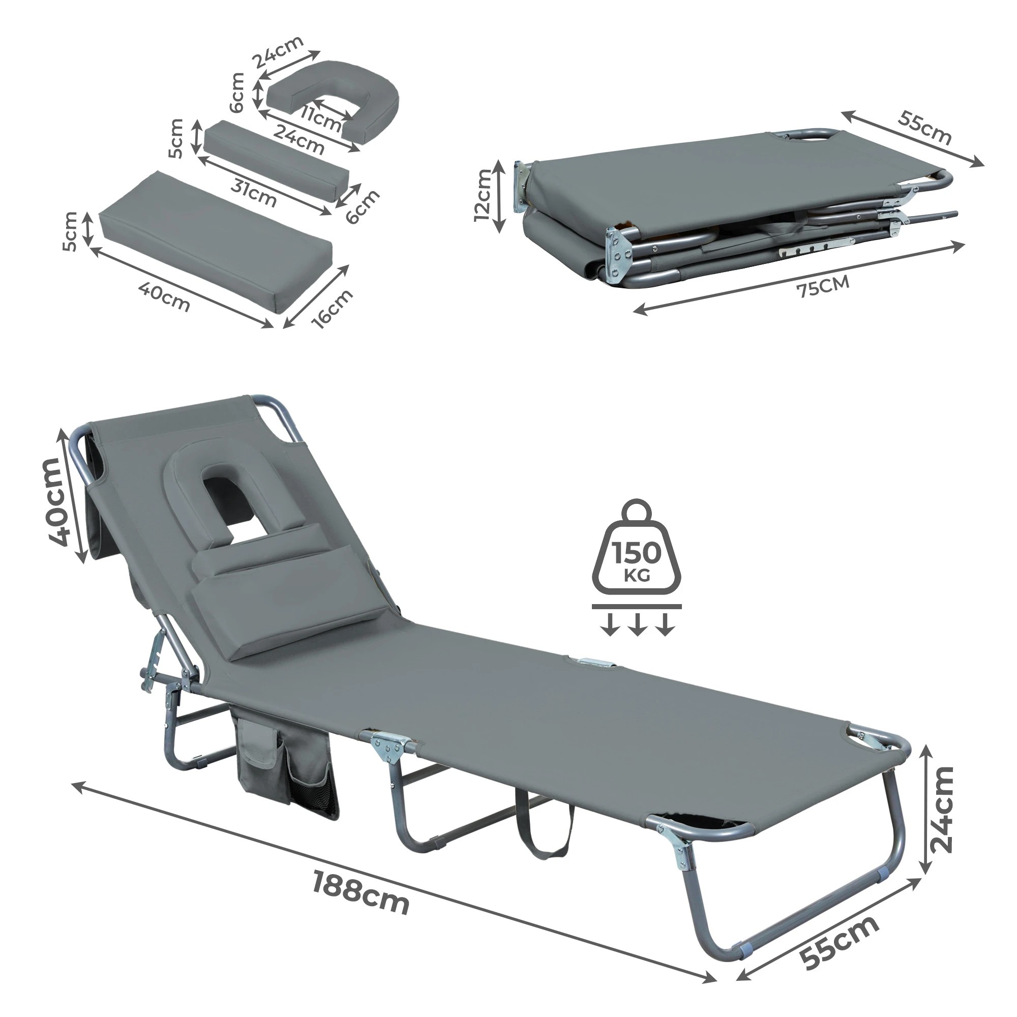 3 Levede Folding Beach Lounge Chair with Face Hole Sun Lounger Camping - Grey, 3 of 9