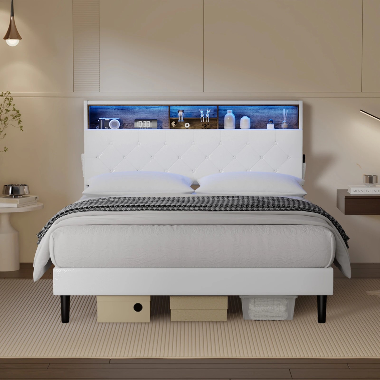 3 Oikiture Bed Frame Double Size with LED Storage Bedhead - White, 3 of 9