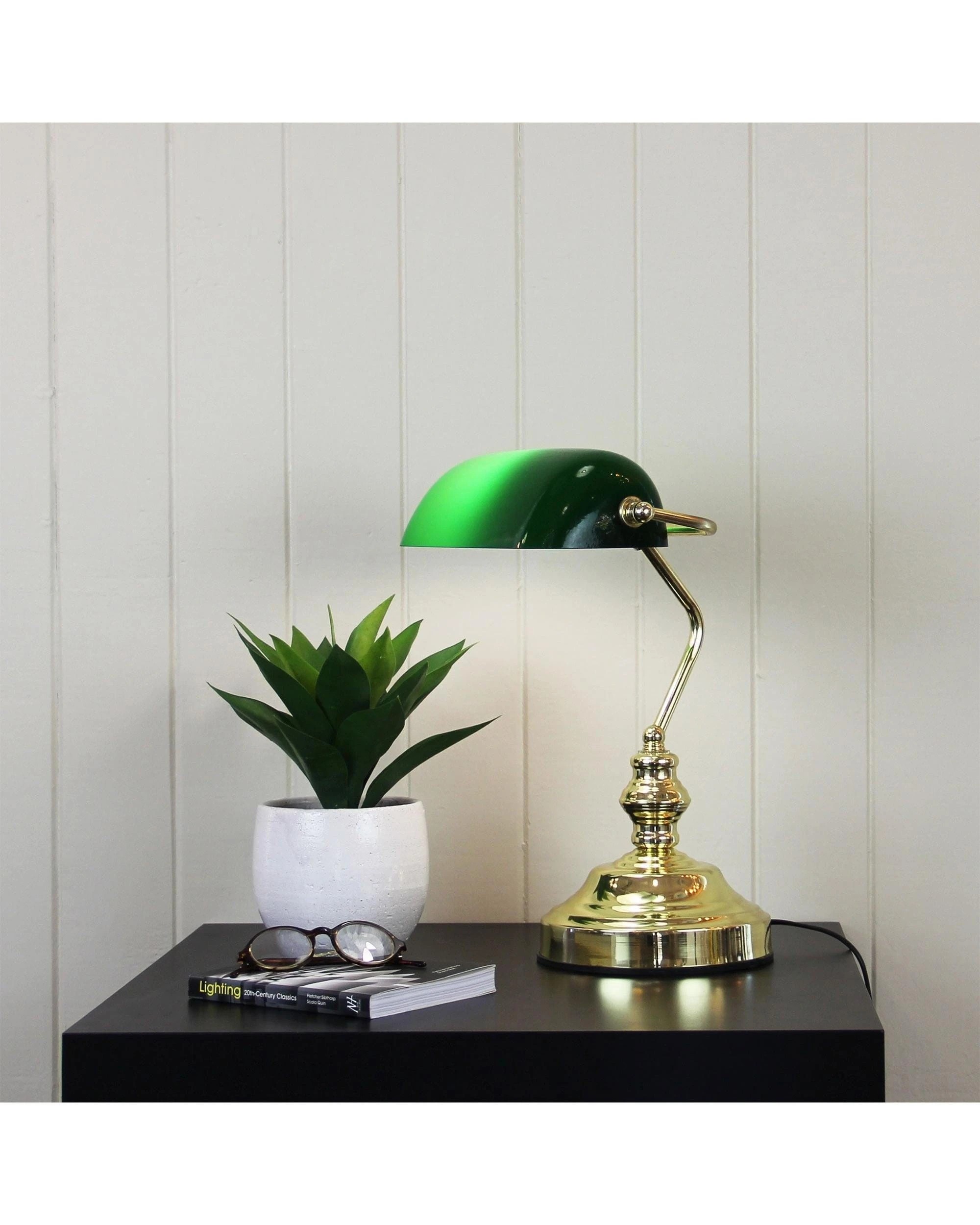 2 Oriel Lighting Bankers Switched Brass Plated With Glass Shade - Green, 2 of 2