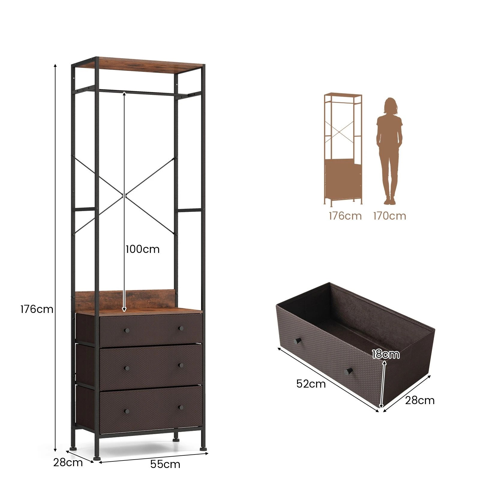 4 Costway 3-Drawer Clothing Rack Clothes Stand Dresser Tall Closet, 4 of 5