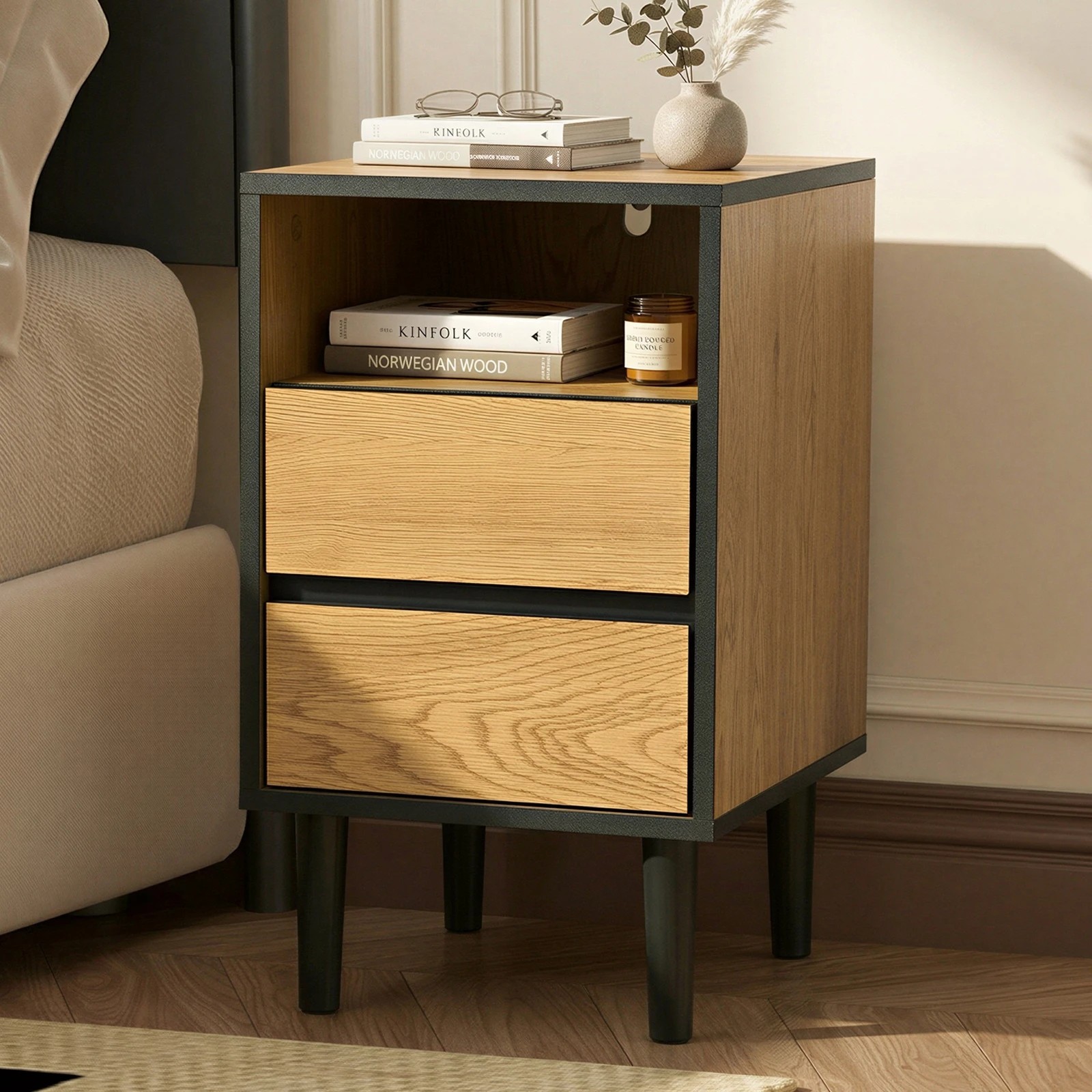 3 Oikiture Bedside Table 2 Drawers Shelf Side End Table Nightstand - Natural, 3 of 8