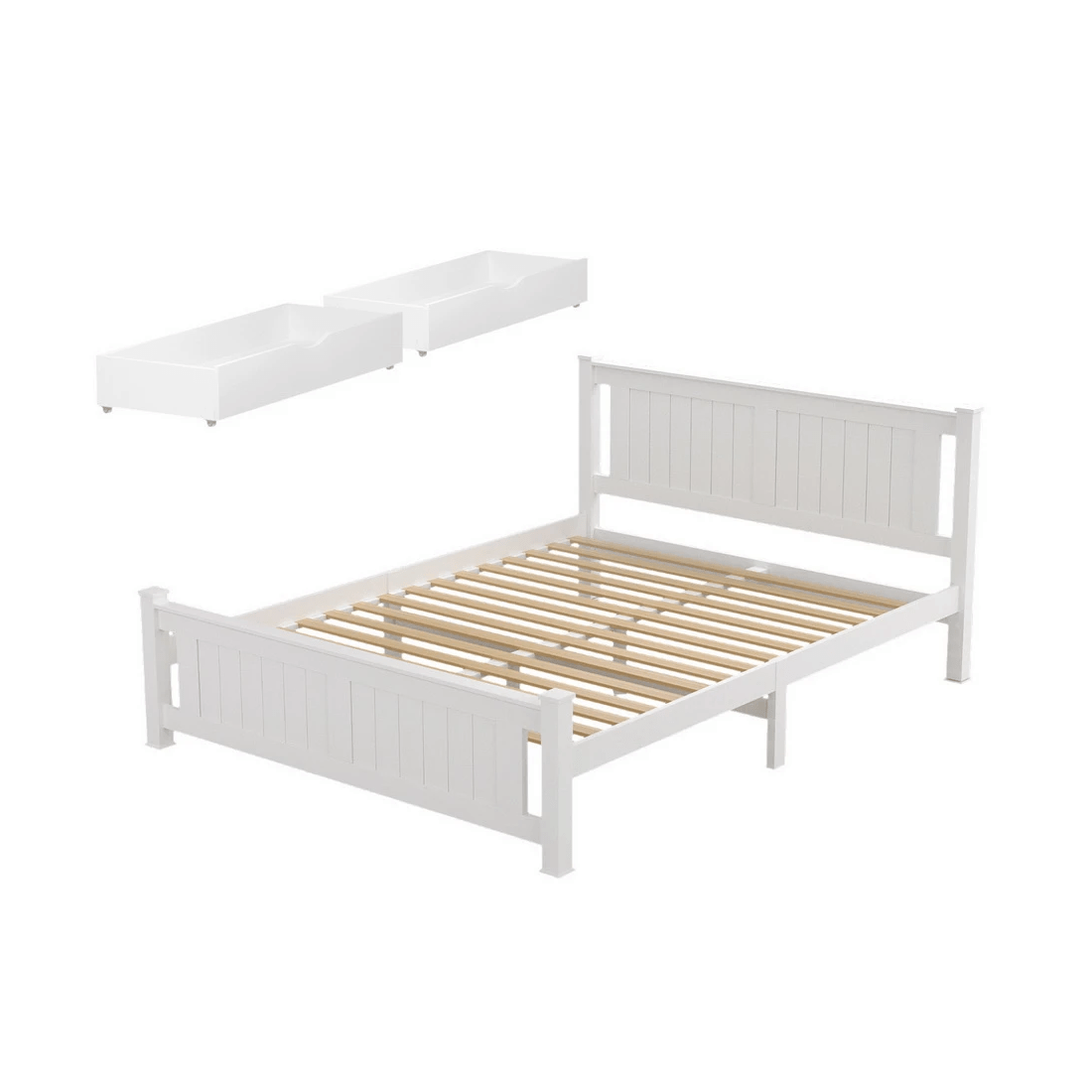 1 Artiss Bed Frame Queen Size Wooden Platform with 2 Storage Drawers RIO - White, 1 of 8