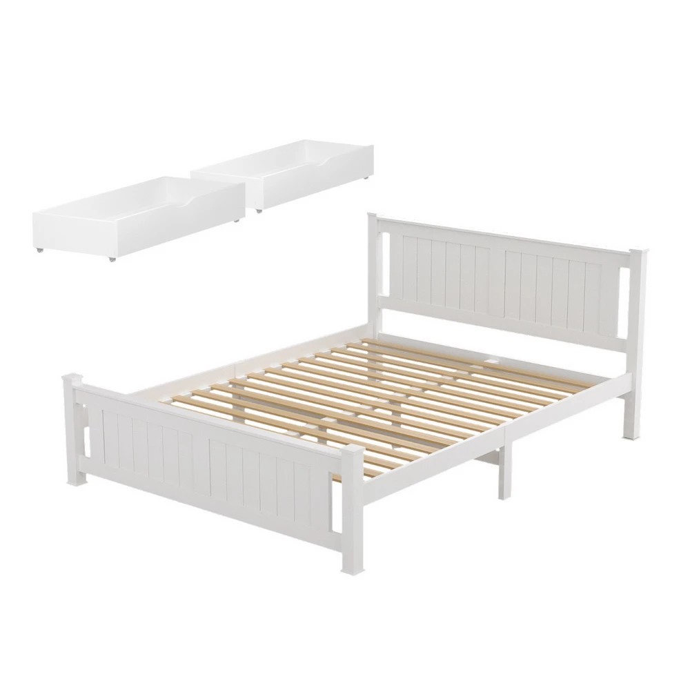 1 Artiss Bed Frame Queen Size Wooden Platform with 2 Storage Drawers RIO - White, 1 of 7